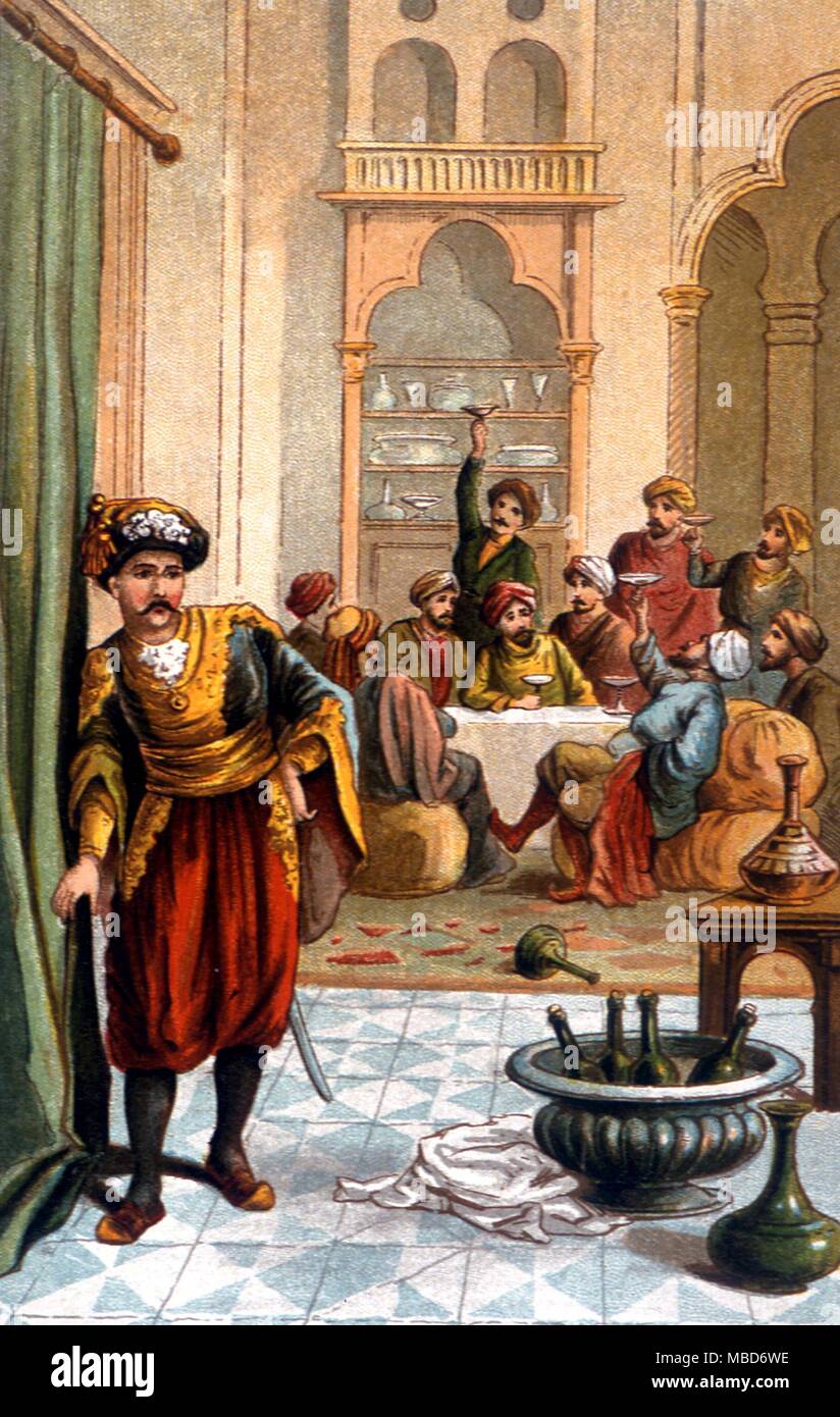 Arabian Nights - La storia di Noureddin e il bellissimo persiano. Illustrazione litografica di circa 1890. Il Fyler Townsend edizione del Arabian Nights Foto Stock