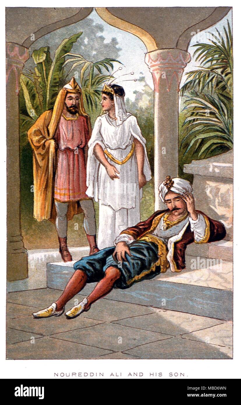 Arabian Nights - La storia di Noureddin Ali ed il suo Figlio. Illustrazione litografica di circa 1890. Il Fyler Townsend edizione del Arabian Nights. Foto Stock