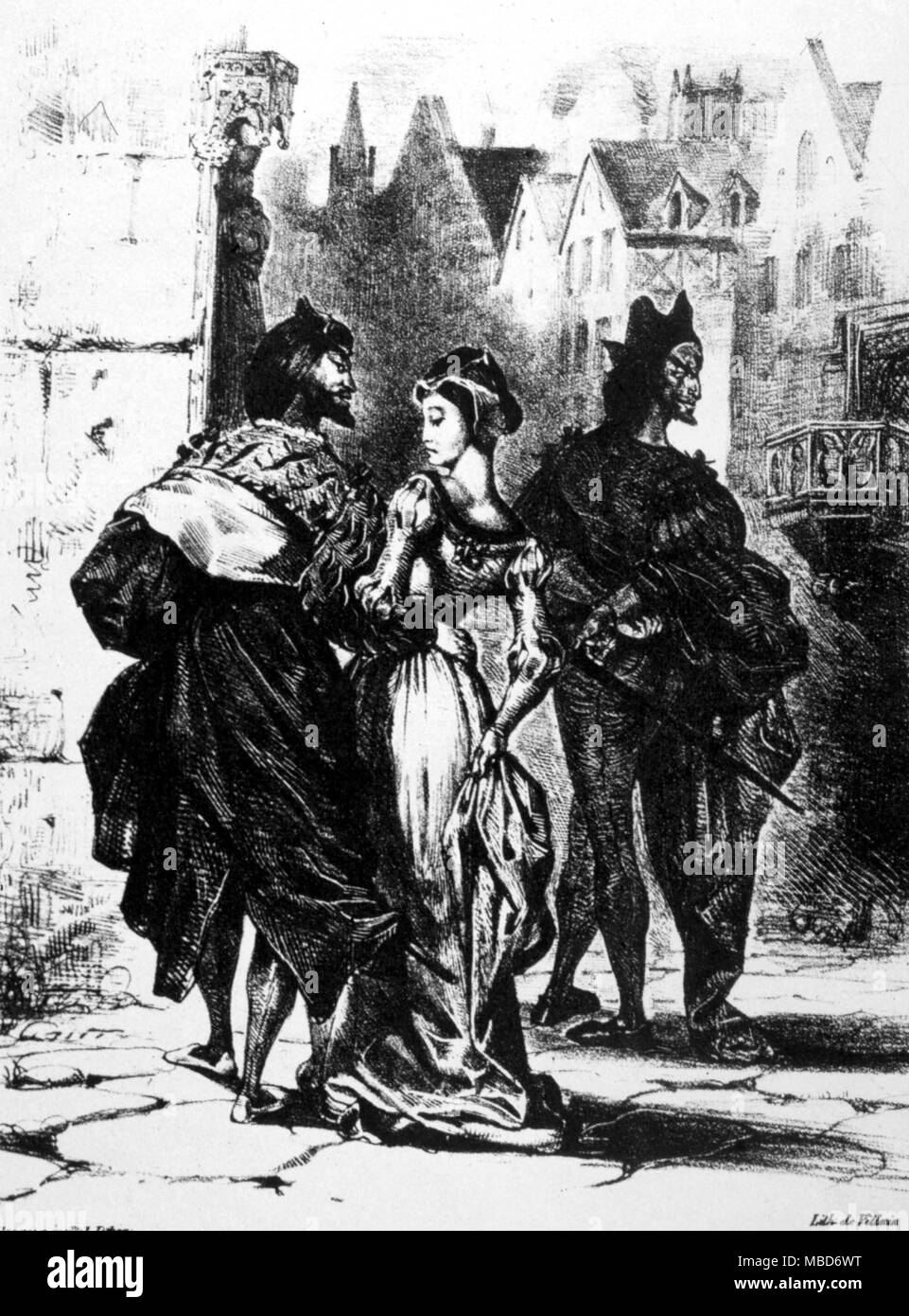 Faust, Mephistopheles e Gretchen - dalla litografia di Delacroix (1798 - 1863) a Goethe il Faust - Parte I Foto Stock