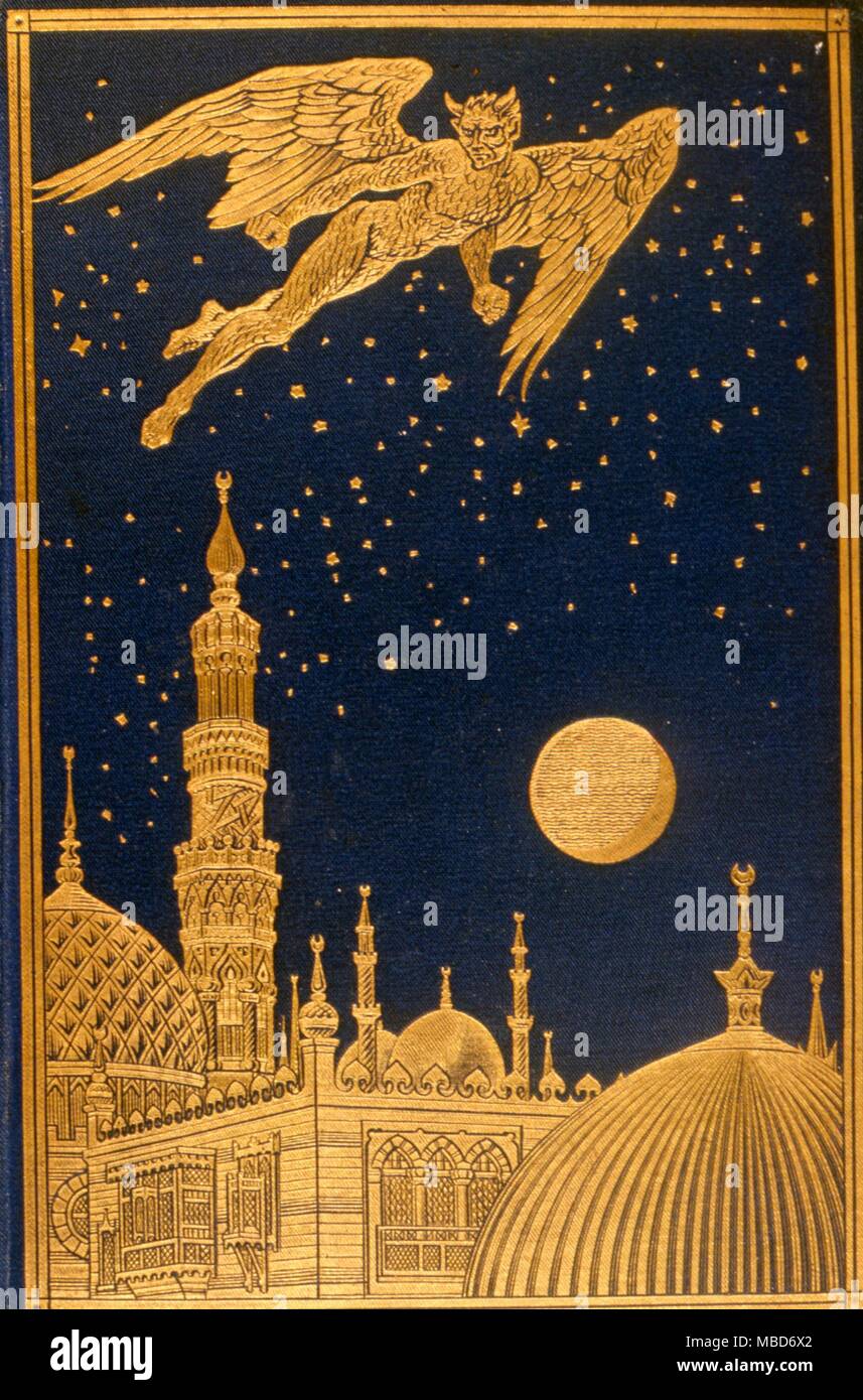 Demone volante - oro-legame di demon volando sopra la città orientale. Da Andrew Lang le versione modificata dell'Arabian Nights Entertainments 1908 Foto Stock