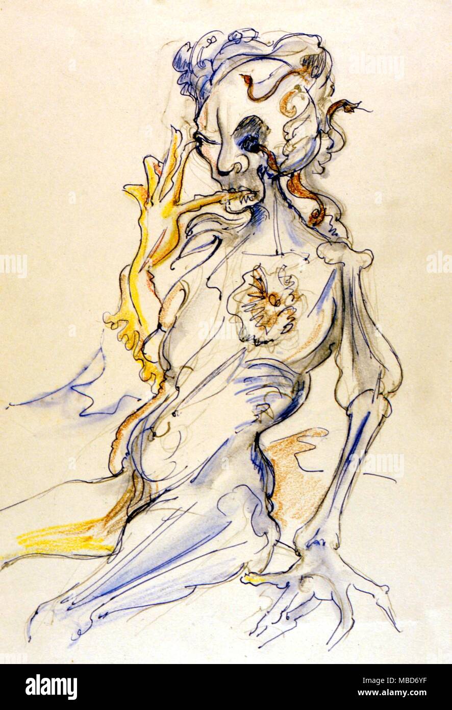 Lilith nel suo ruolo di padrona sopra i morenti - Disegno di Lilith intitolata sacchetto di ossa (o mucchio di ossa) da Fay Pomerance - Collezione privata Foto Stock
