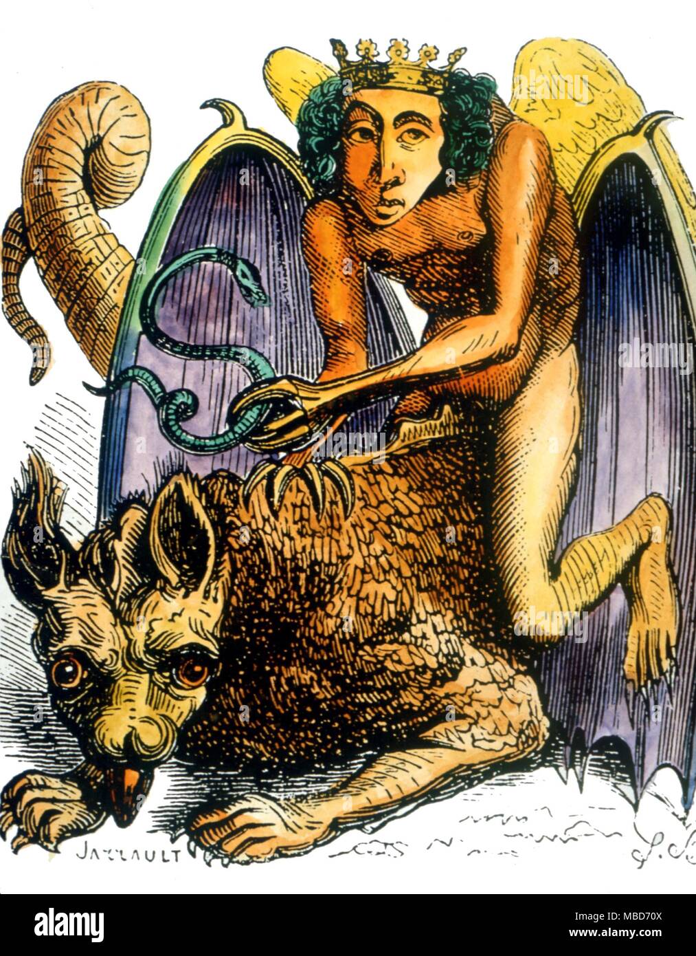 Astaroth, che appare a maghi nella forma di un uomo incoronato, tenendo un serpente e a cavallo di un serpente-tailed mostro. Dal 1863 edizione di Collin de Plancy's Dictionnaire Infernale Foto Stock