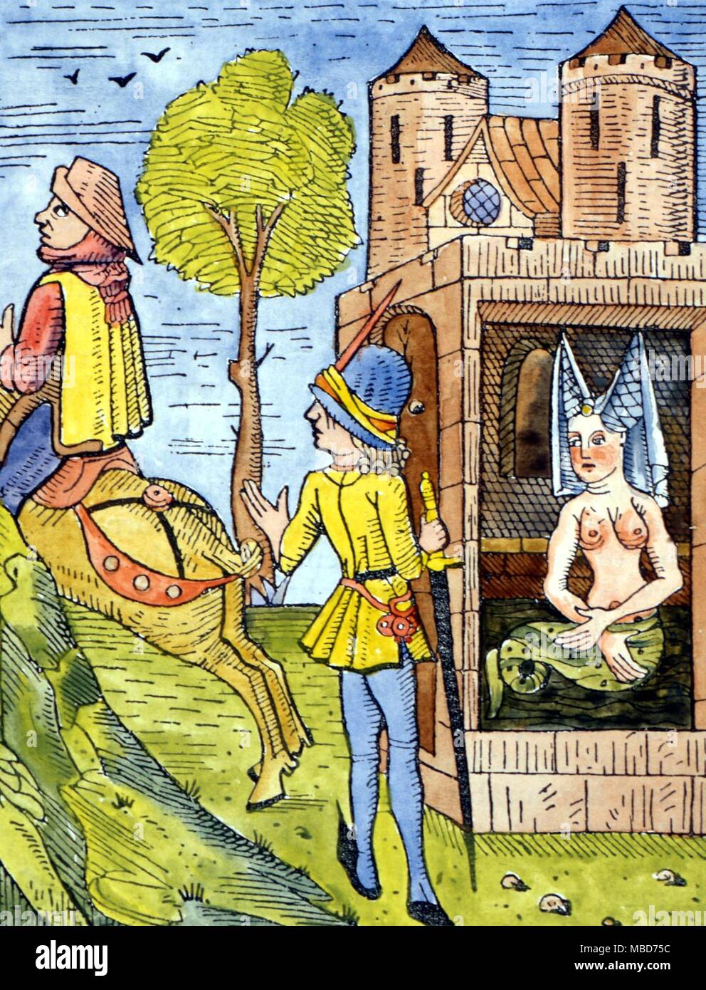 Fate - Fairy-moglie - XILOGRAFIA MEDIEVALE illustrazione per la fata-moglie leggenda di Melisande. Suo marito, forwarned da un vicino di casa (equitazione lontano) pedinati sua fata-moglie su un giorno lei in precedenza aveva proibito di lui per vedere la sua. Ella è serpente-tailed. Inizio del XVI secolo. Foto Stock
