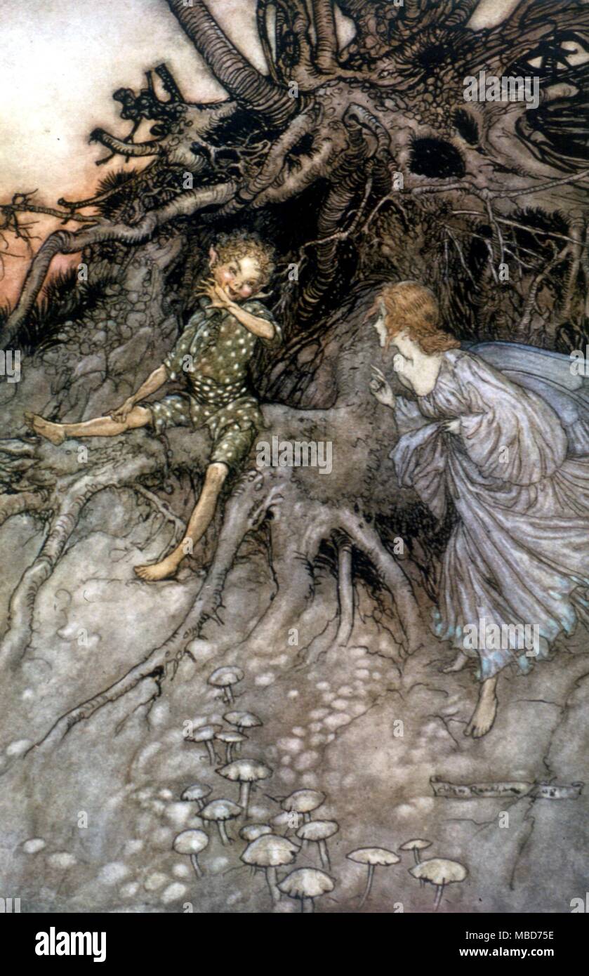 Fairy Tales - Midsummer Night's Dream - io che merry wanderer della notte. Illustrazione di Arthur Rackham per il 1908 edizione di una notte di mezza estate il sogno di Shakespeare Foto Stock