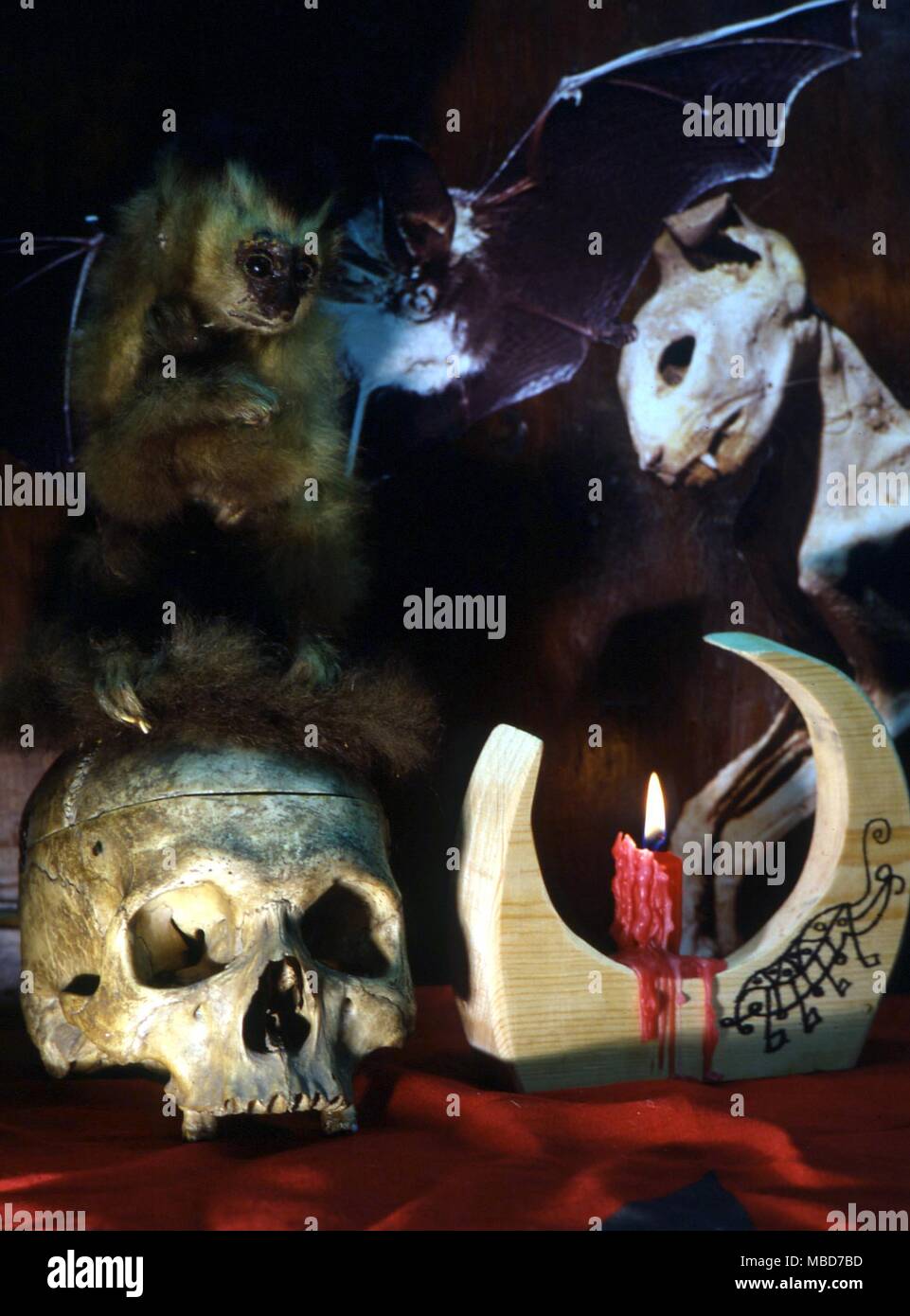 Il cranio e la strega-candela, quest'ultimo contrassegnati con demoniaco sigil. Foto Stock
