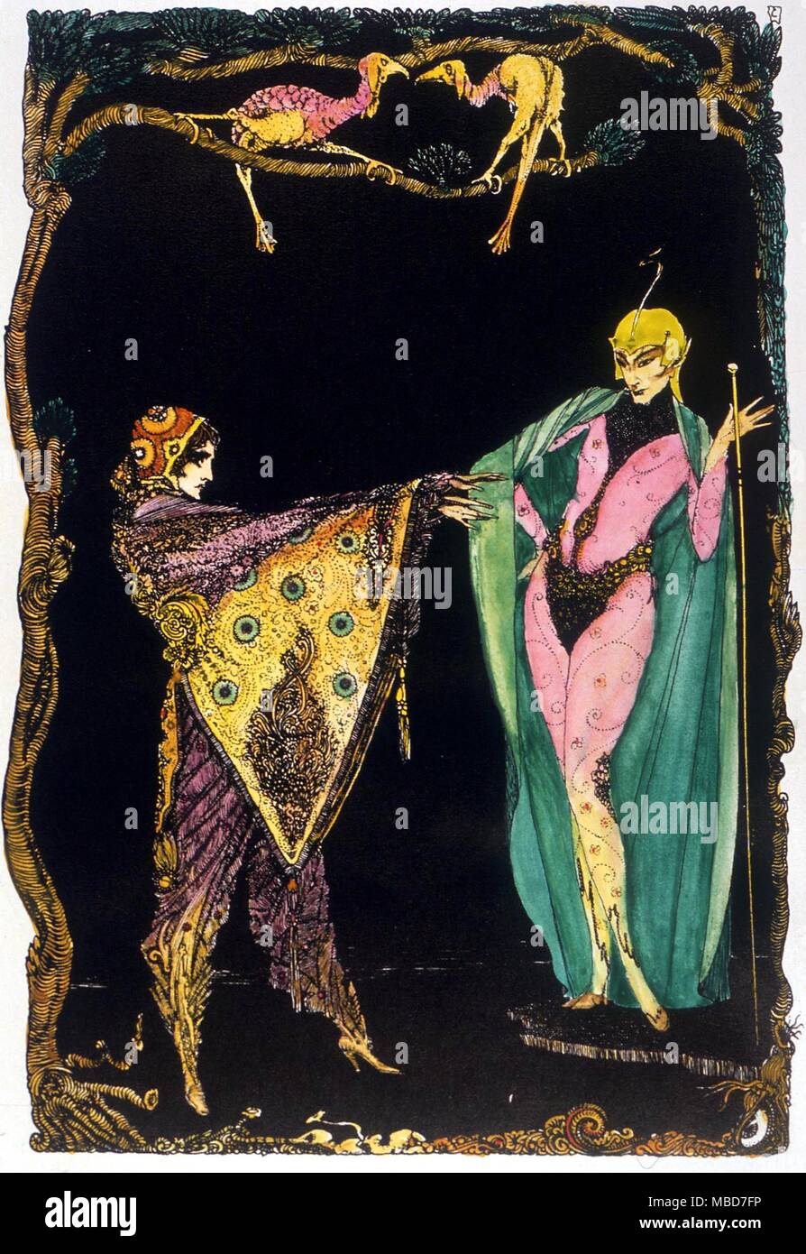 Mephistopheles - Mephisto e Faust. Illustrazione (colorate a mano) da Harruy Clarke, per l'edizione 1925 di Goethe epico, 'Faust'. Foto Stock