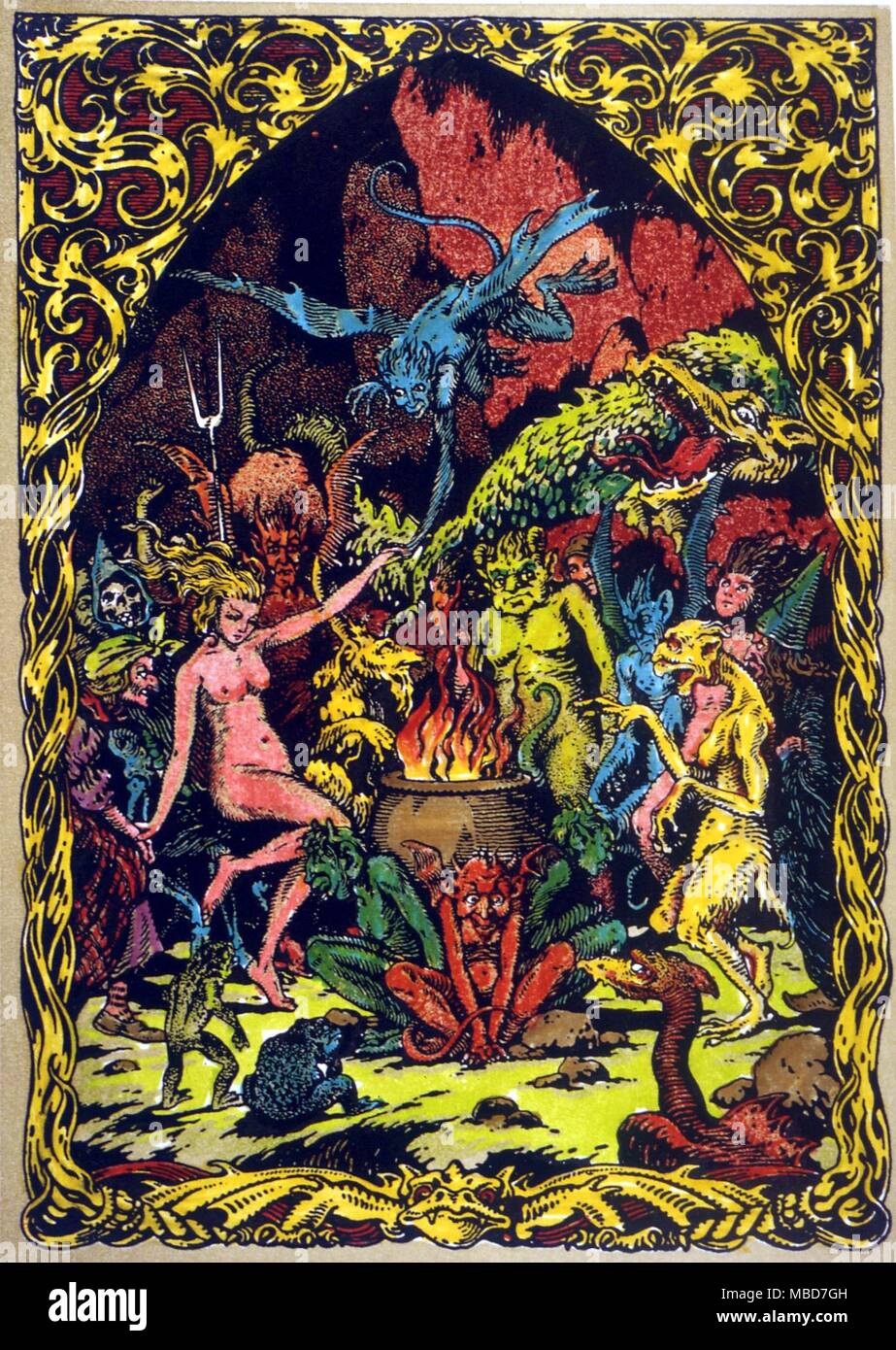 Sabbat danza della strega Babin. Design by Bernard Zuber, M. Carron "La Vie esecrabile de Guillemette Babin, Sorciere', 1926 - una storia vera basata su Bodin il libro, 'Demonomanie', 1580. Questa xvi secolo strega è stato bruciato a morte a Poitiers, 1564. Foto Stock