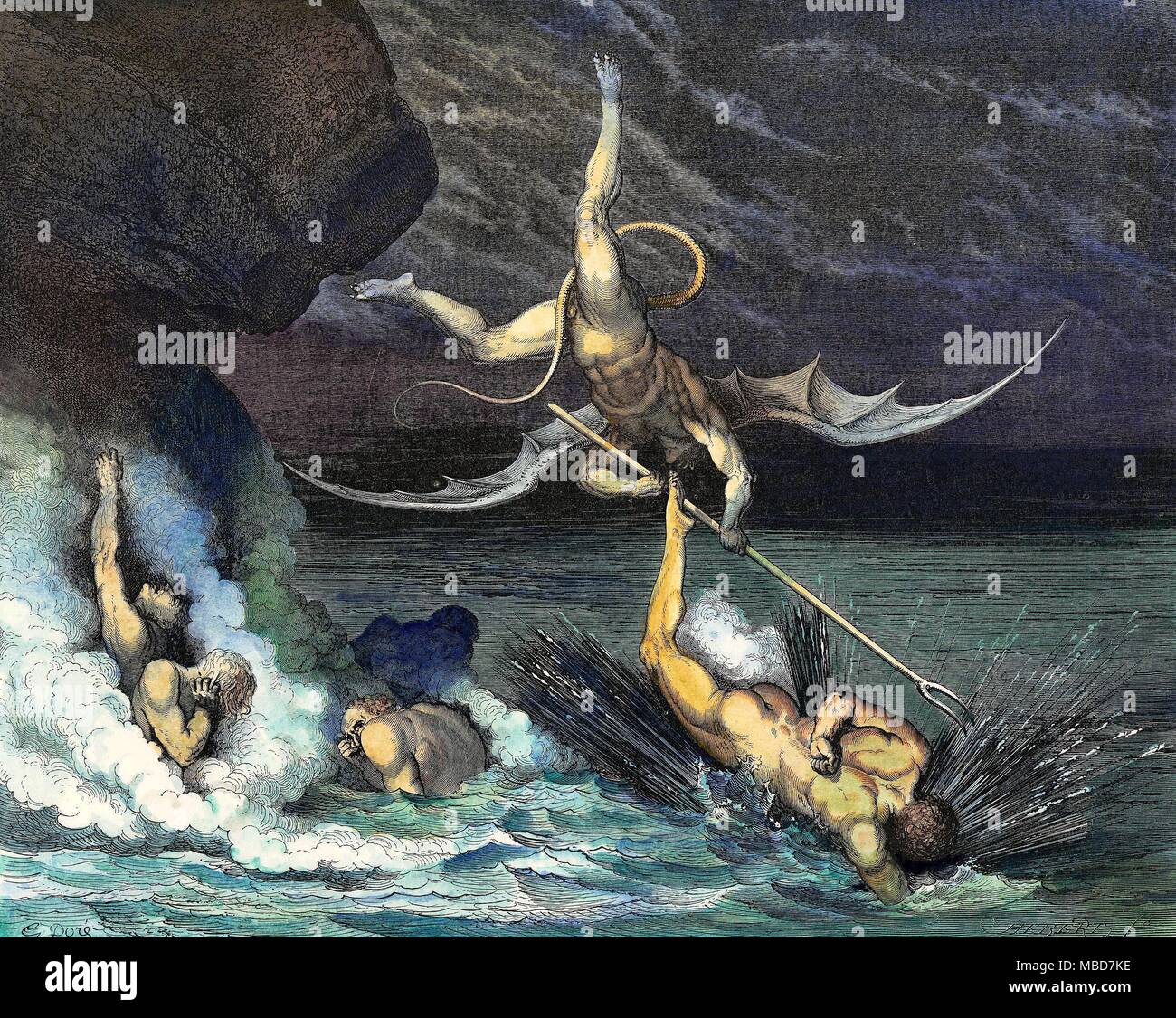 Demoni - MALACODA - Inferno il demone Malacoda torturando la barrators - una scena dal canto XXII dell'Inferno di Dante. Colorate a mano incisione su legno da Gustav Doré's illustrazioni per il poema dantesco. Foto Stock