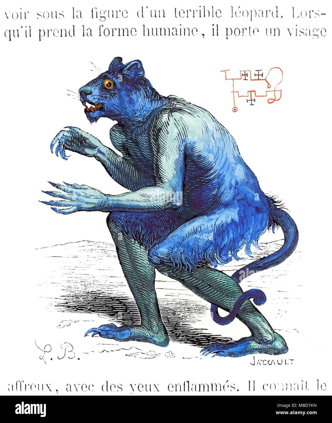 Demoni - FLAUROS il demone Flauros - uno dei retrocesso dèi di antico Egitto - che si manifesta in conjuration nella forma di un gatto con testa umanoide oppure come un leopardo. Colorate a mano incisione su legno da Collin de Plancy, Dictionnaire Infernal, 1863. Foto Stock