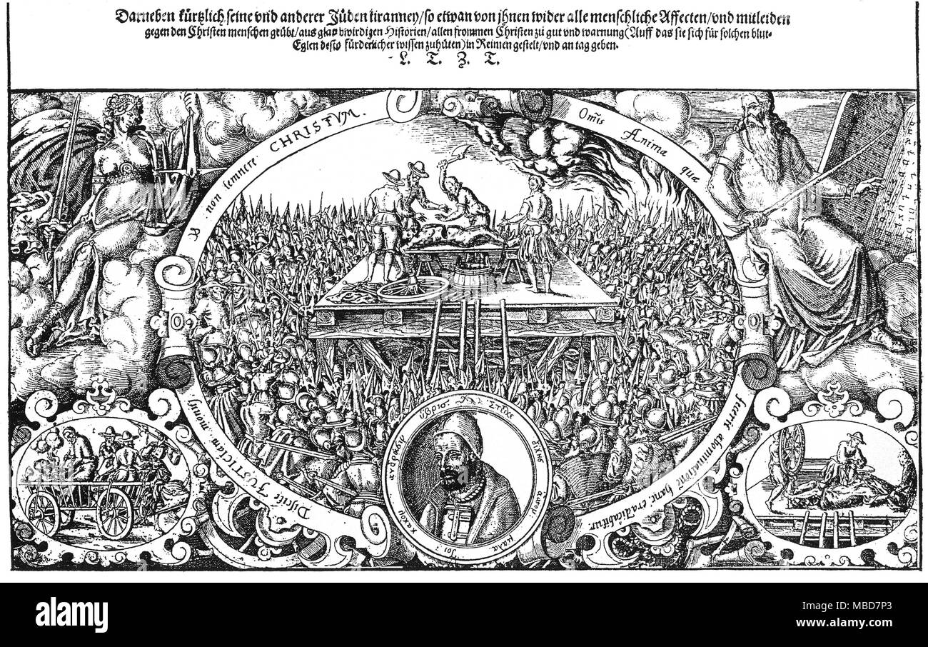 Simbolismo - mitologia ebraica - alfabeti tre versioni della sigla, INRI, ha detto di essere stato scritto su un scorrere sopra il Cristo crocifisso. Il testo in alto è la versione latina Gesù Nazarenus Rex Iudeorum (Gesù il Nazareno, il re dei Giudei, il testo al di sotto di questo è la versione ebraica di questo, mentre la versione in fondo è la versione Romanized Hebrew. Da Pfefferkorn, der Juden Feind, 1509, riprodotta in Georg Liebe, Das Judentum in der deutschen Vergangenheit, 1903. Foto Stock
