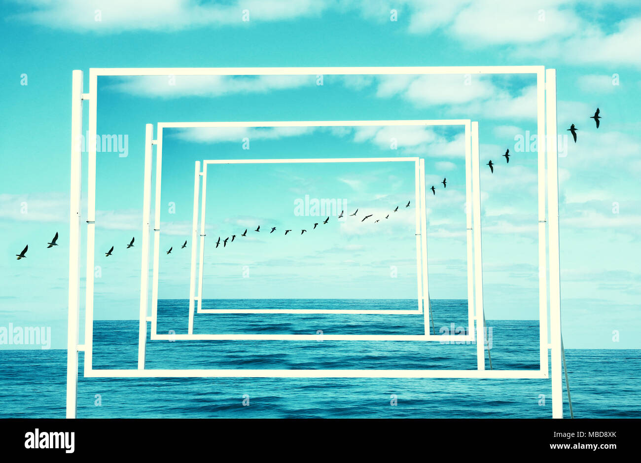 Surreale immagine enigmatica di uccelli in volo e il telaio . spiaggia paesaggio. Foto Stock