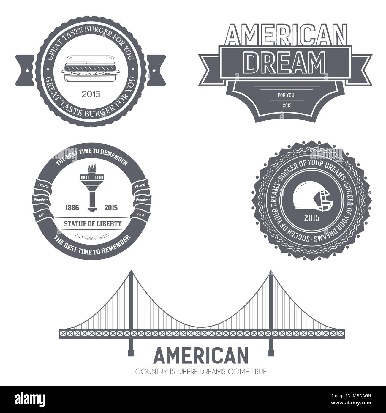 Paese USA Paese Inghilterra il modello di etichetta di elemento emblema per il tuo prodotto o il tuo design, web e applicazioni per dispositivi mobili con il testo. Illustrazione vettoriale con linee sottili isolato icone sul simbolo del timbro Illustrazione Vettoriale