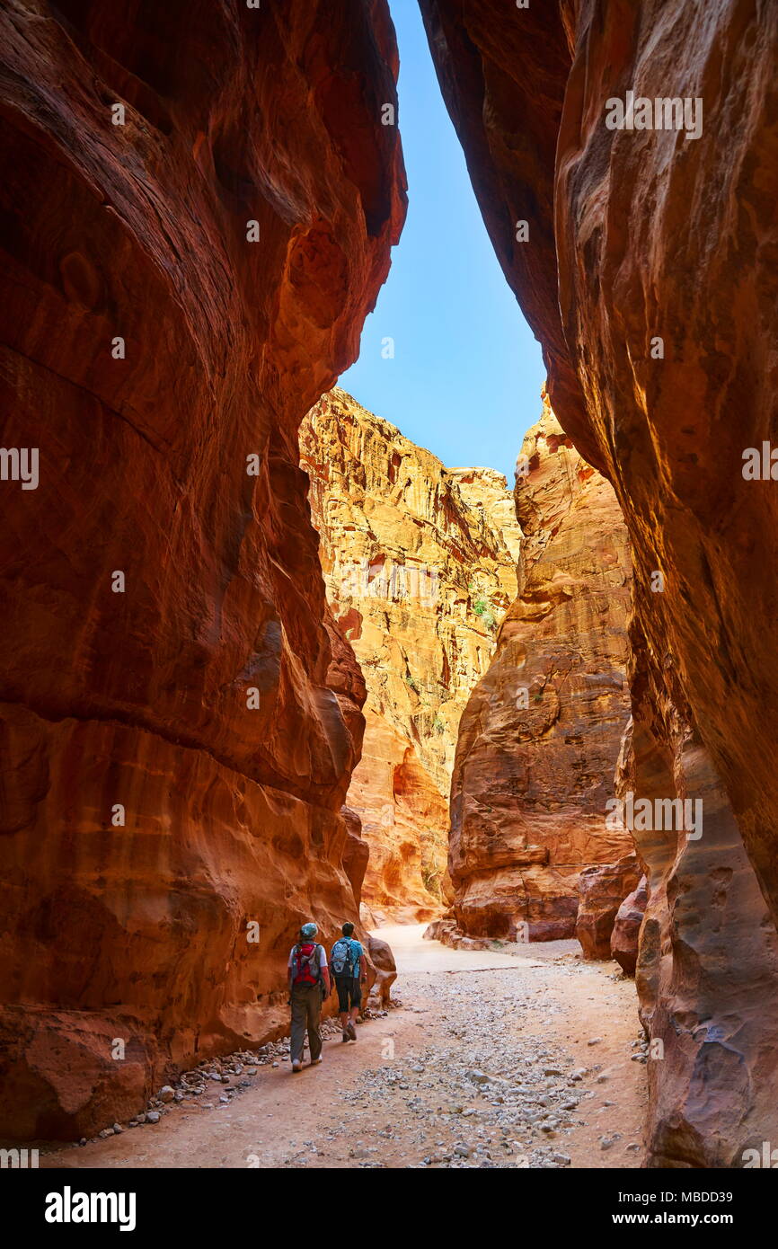 Il Siq - stretta gola canyon conduce all'antica città di Petra, Giordania Foto Stock