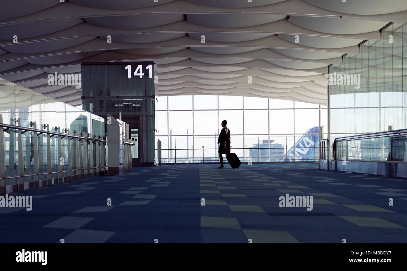 Assistente di volo che trasporta una valigia all'Aeroporto Haneda, Tokyo, Giappone Foto Stock