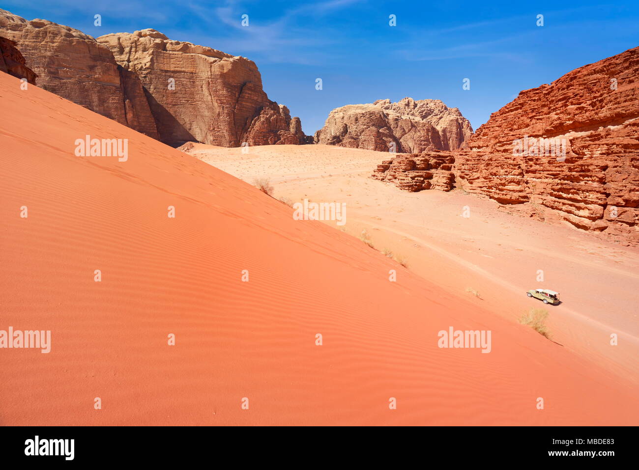 Red dune di sabbia, Wadi Rum Desert, Giordania Foto Stock