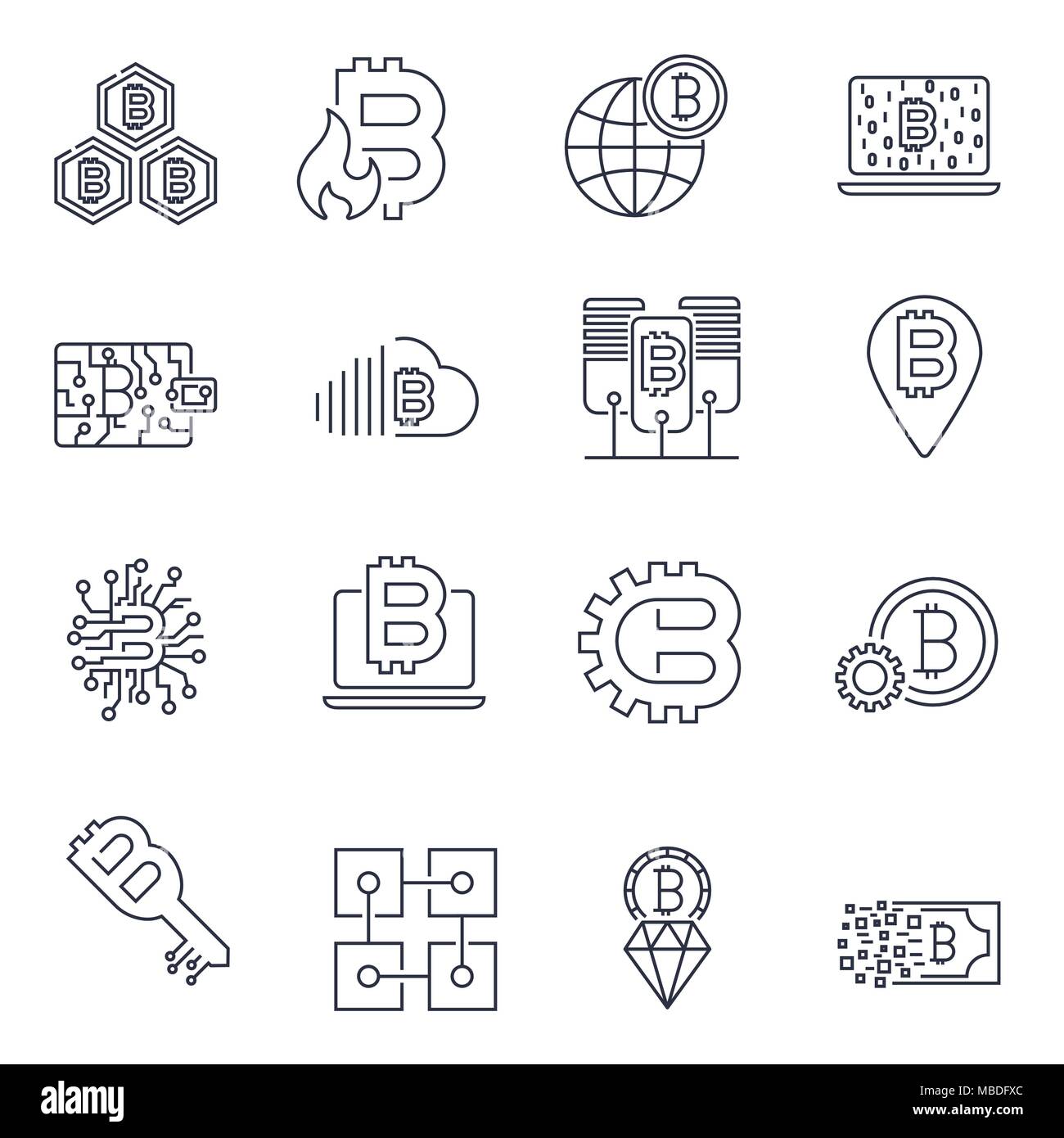 Blockchain, Bitcoin, Cryptocurrency set di icone. Bitcoin blockchain e tecnologia. Corsa modificabile Illustrazione Vettoriale