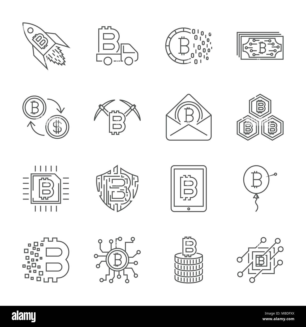 Set di linea sottile vettore corsa Bitcoin e Cryptocurrency icone. Illustrazione Vettoriale