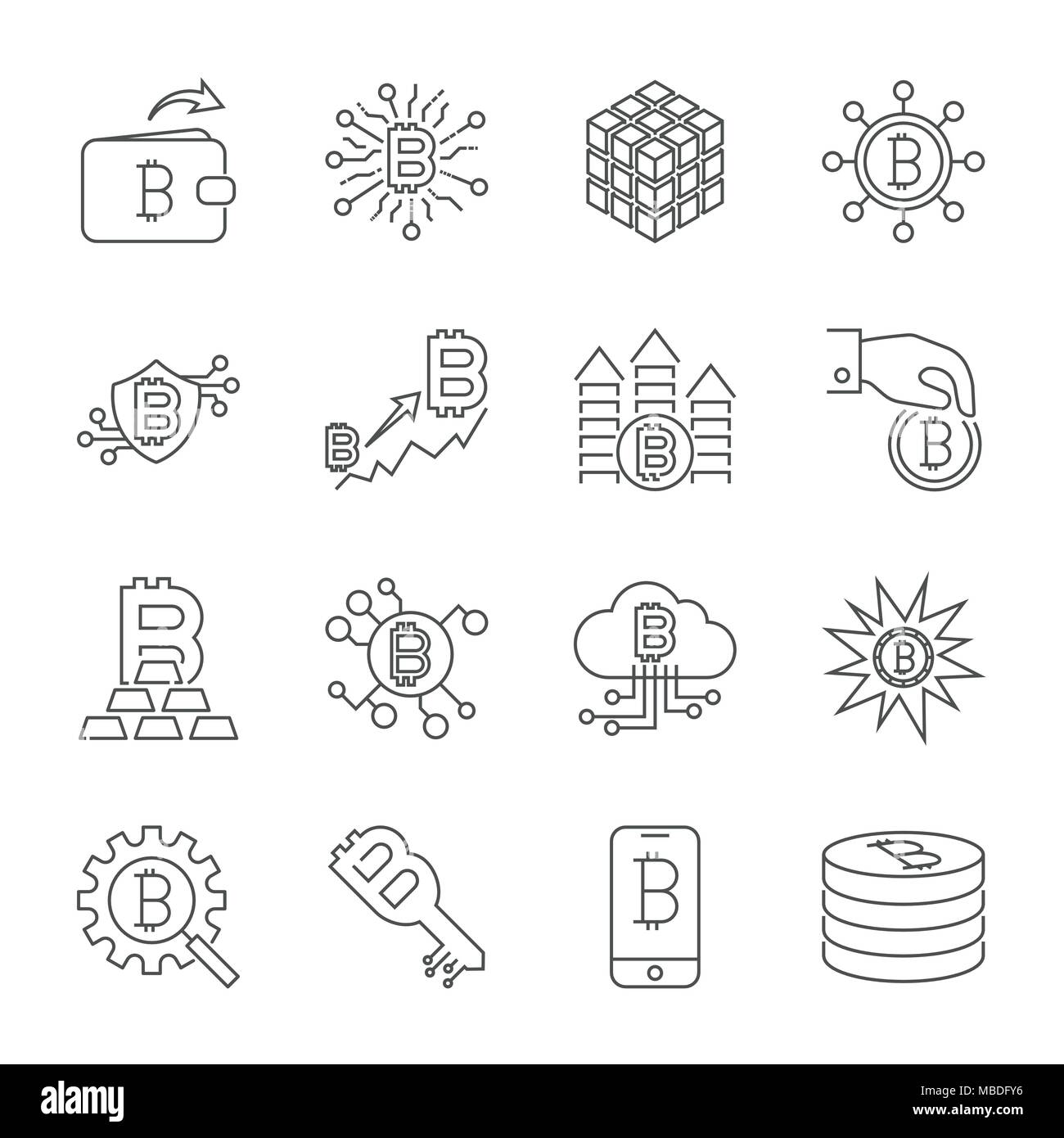 Linea del vettore Cryptocurrency icone. Profilo sottile Bitcoin simboli. Illustrazione Vettoriale