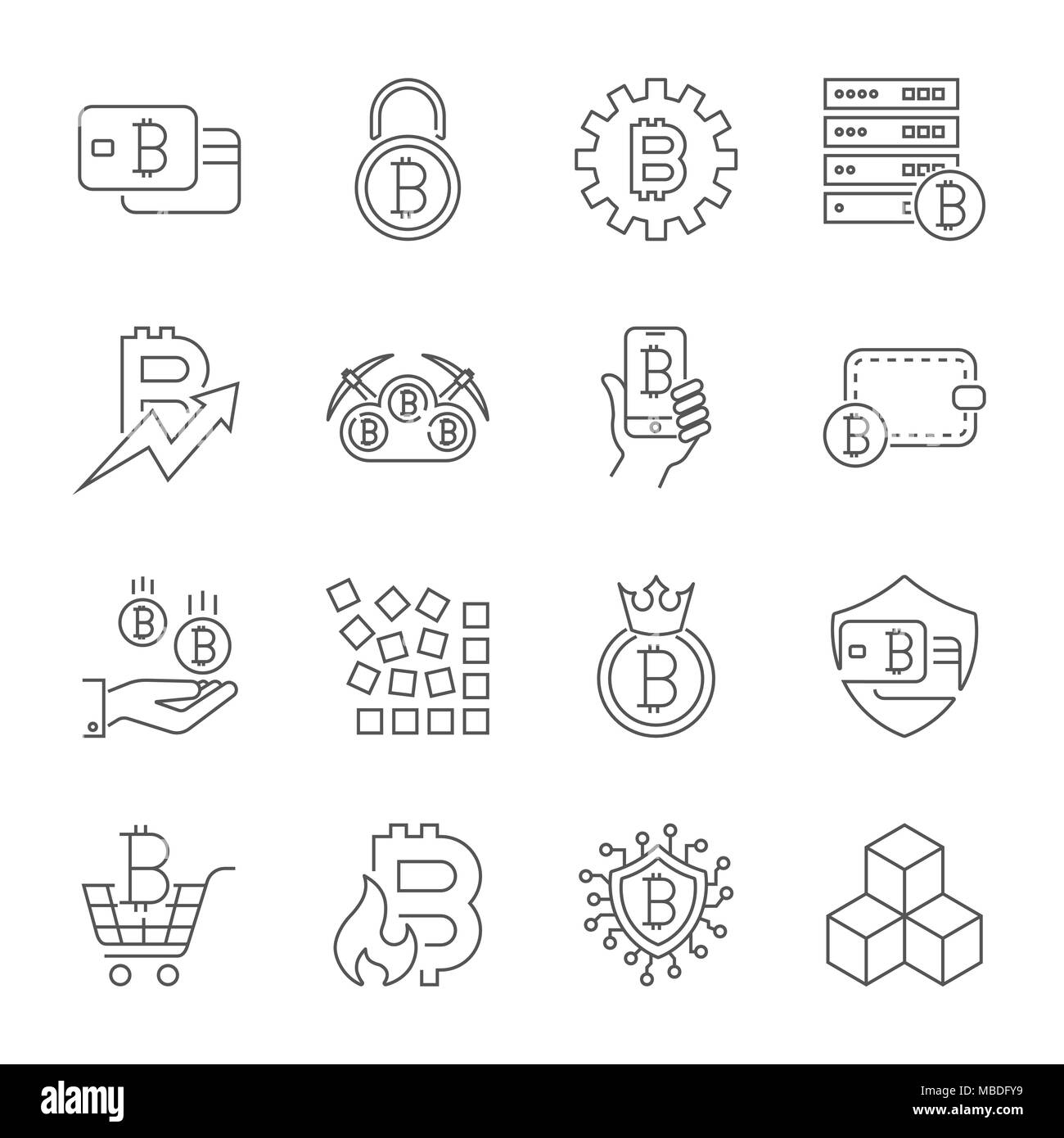 Linea del vettore Cryptocurrency icone. Profilo sottile Bitcoin simboli. Corsa modificabile Illustrazione Vettoriale