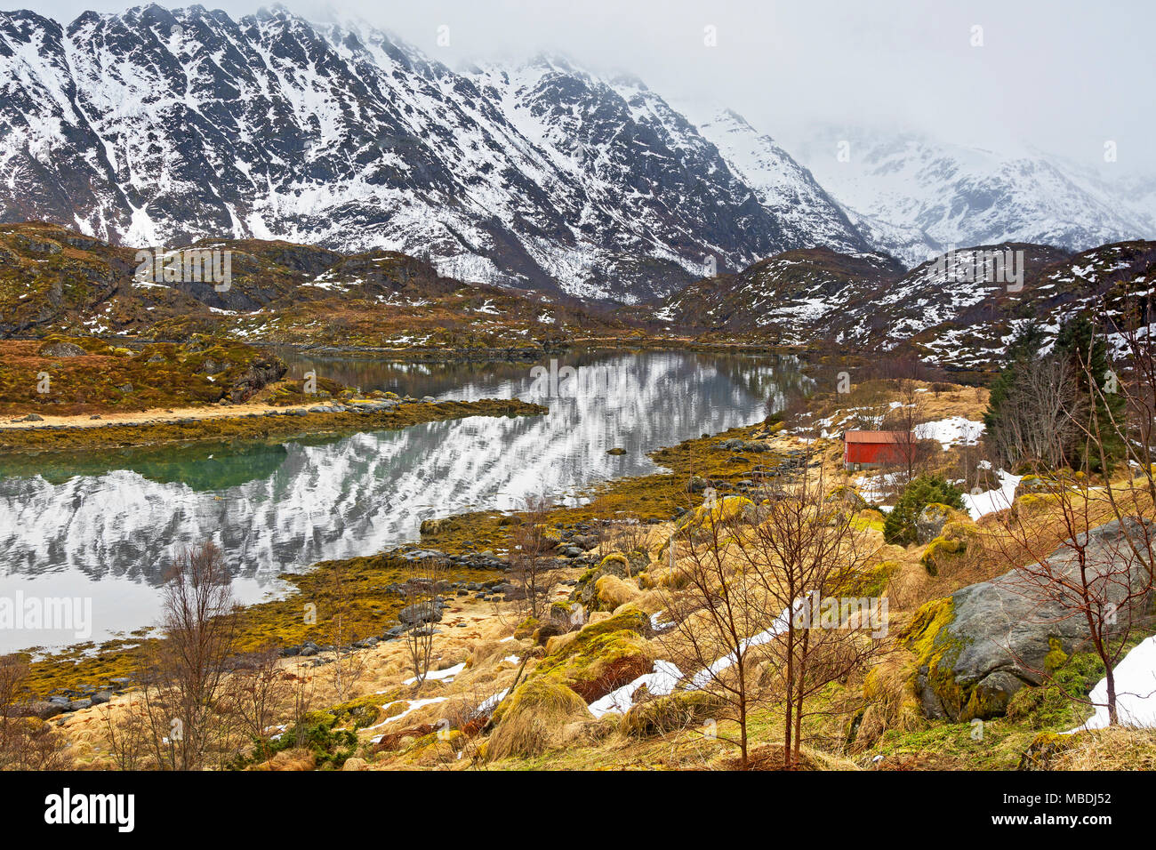 Tranquilla, remote innevato paesaggio di montagna, Alsvag, Langoya, Norvegia Foto Stock