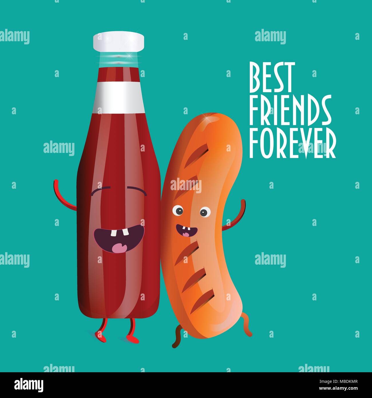 Migliori amici Per sempre Immagine: salsiccia affumicata carattere e salsa rossa mascotte sono felici insieme. Stagione Barbecue illustrazione Illustrazione Vettoriale