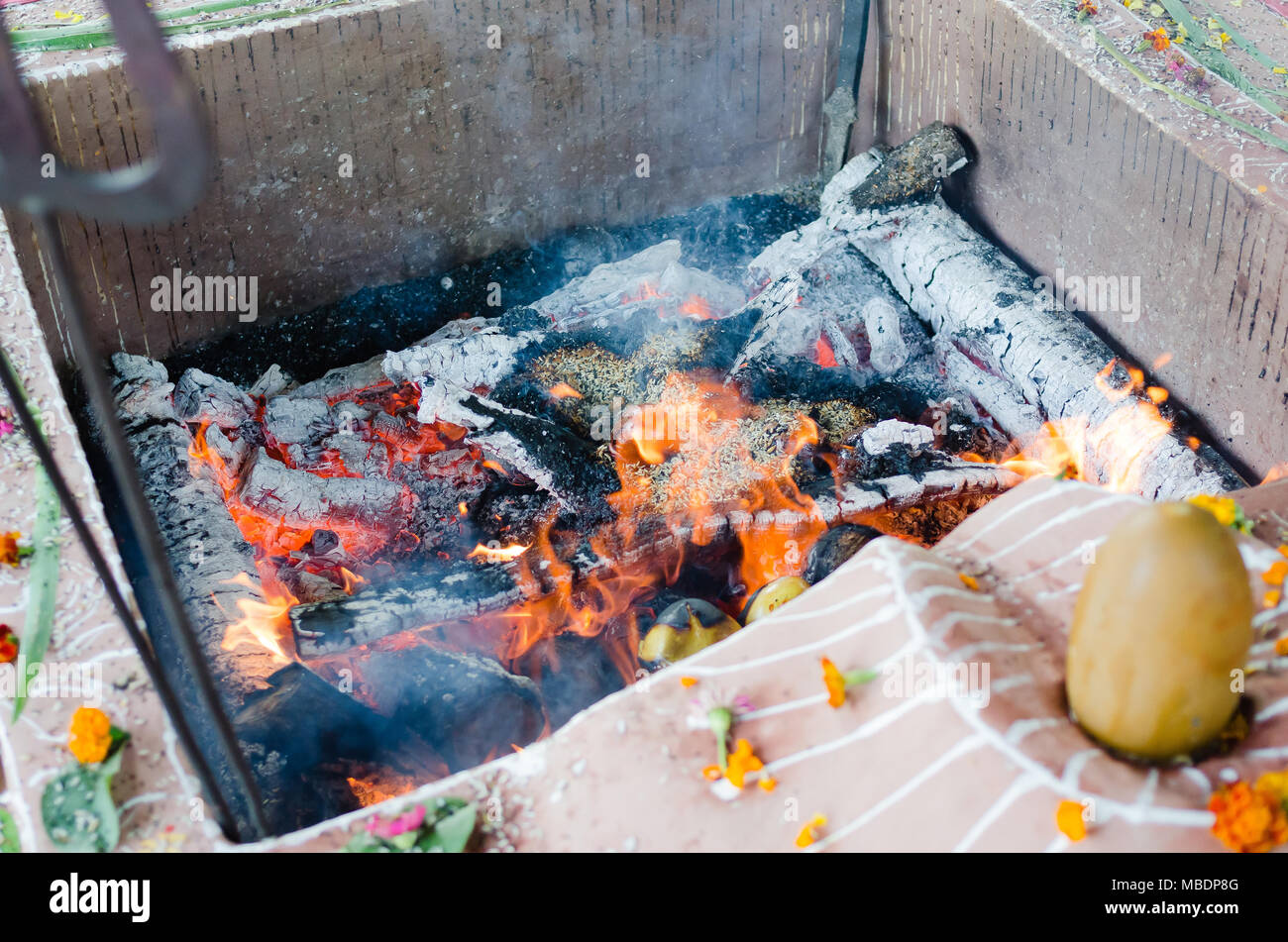 Cerimonia di fuoco con offre solo di origine vegetale durante il Guru purnima Foto Stock