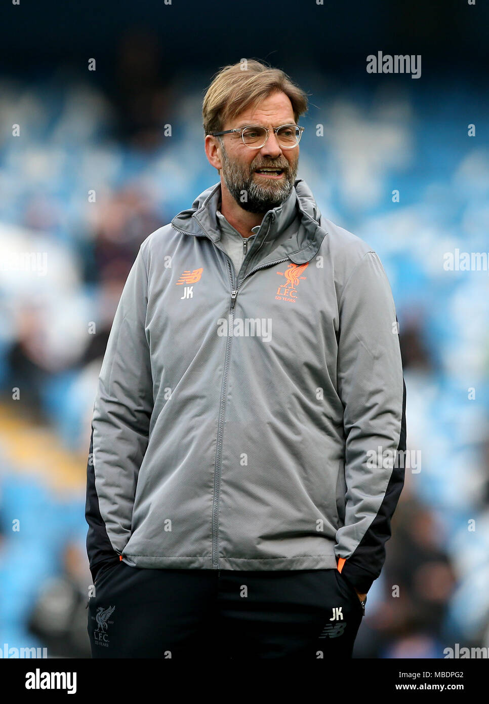 Liverpool manager Jurgen Klopp prima della UEFA Champions League, quarto di finale al Etihad Stadium e Manchester. Foto Stock