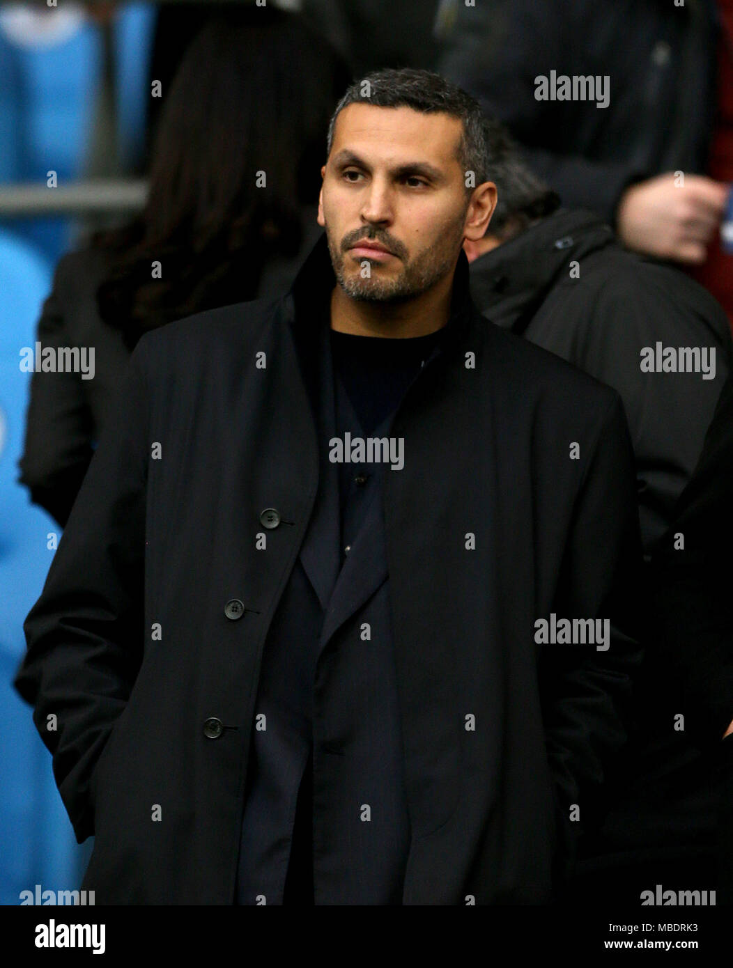 Manchester City presidente Khaldoon Al Mubarak in stand durante la UEFA Champions League quarti di finale presso l'Etihad Stadium e Manchester. Foto Stock