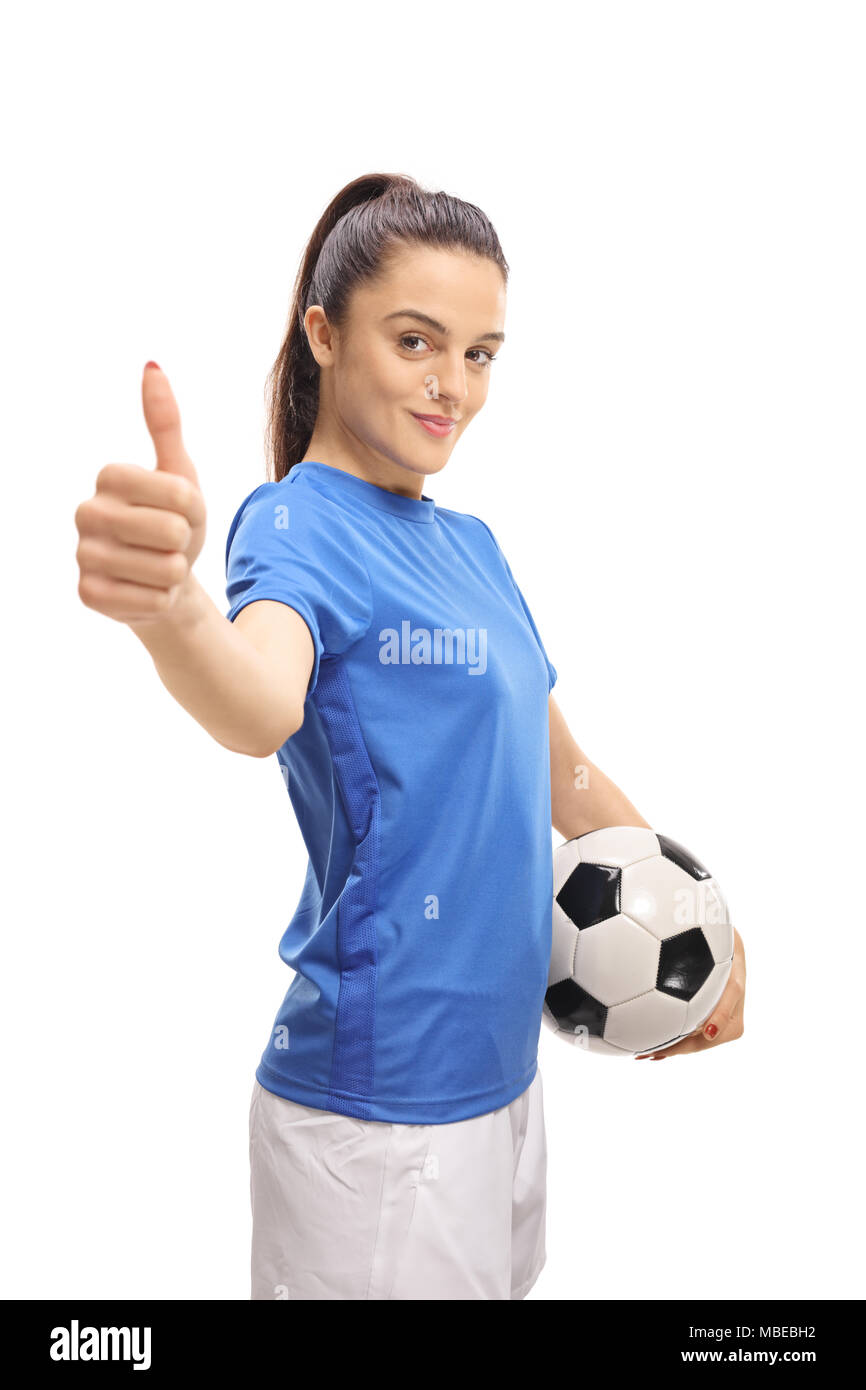 Calcio femminile giocatore in possesso il suo pollice in alto isolato su sfondo bianco Foto Stock