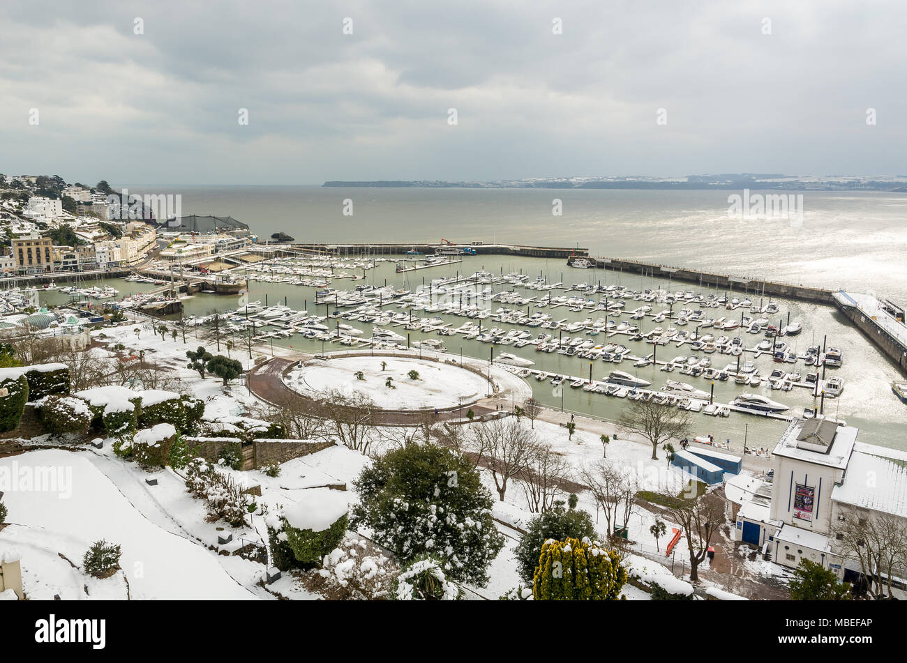 Torquay Porto e Marina nella neve Foto Stock