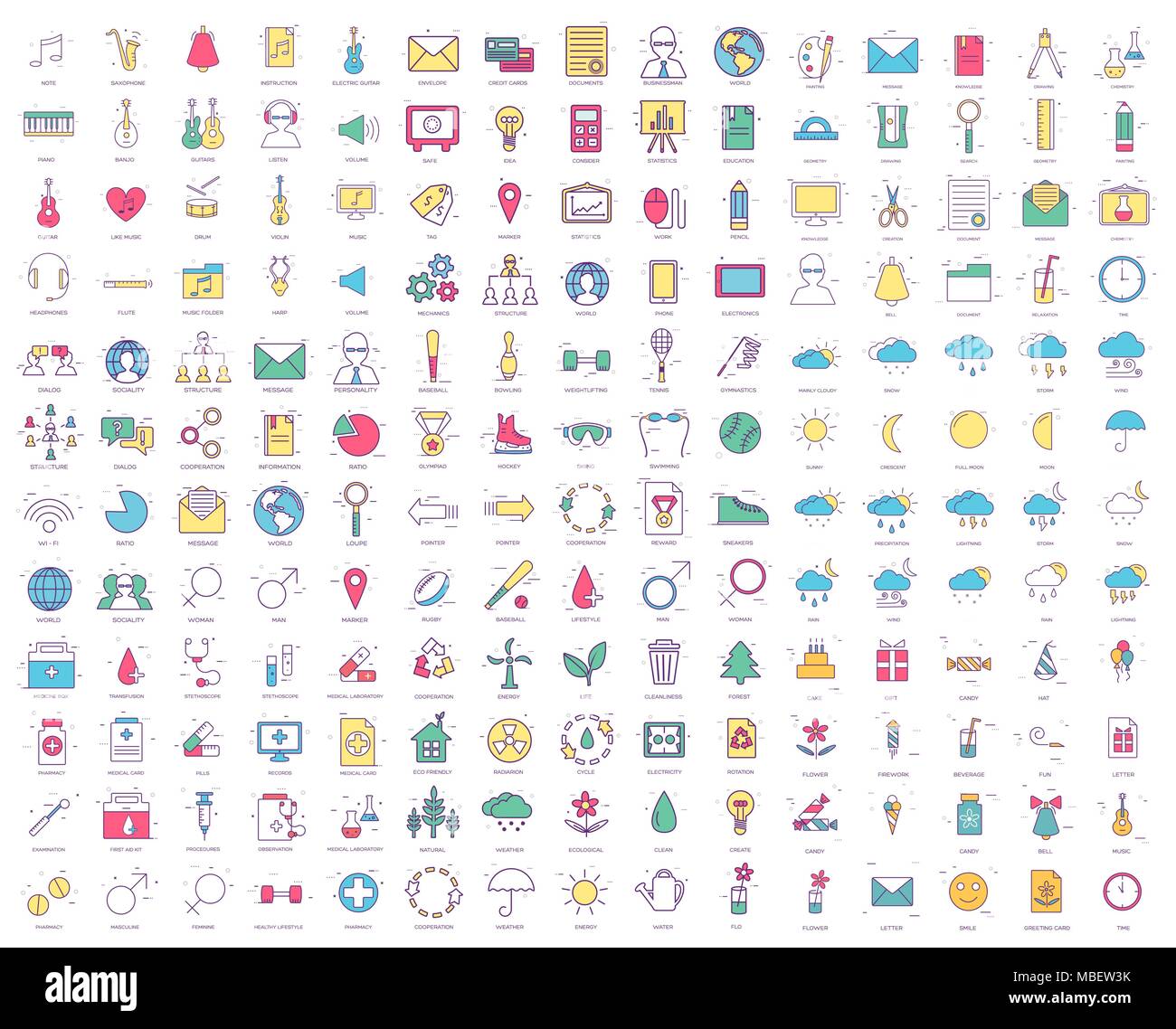 Linea sottile serie di : business, musica, office, meteo, sociale, eco neture, gadget digitali, medico, buon compleanno, sport. Piatto contorno vettoriale illustrazioni concetto di modello per una infografica design Illustrazione Vettoriale