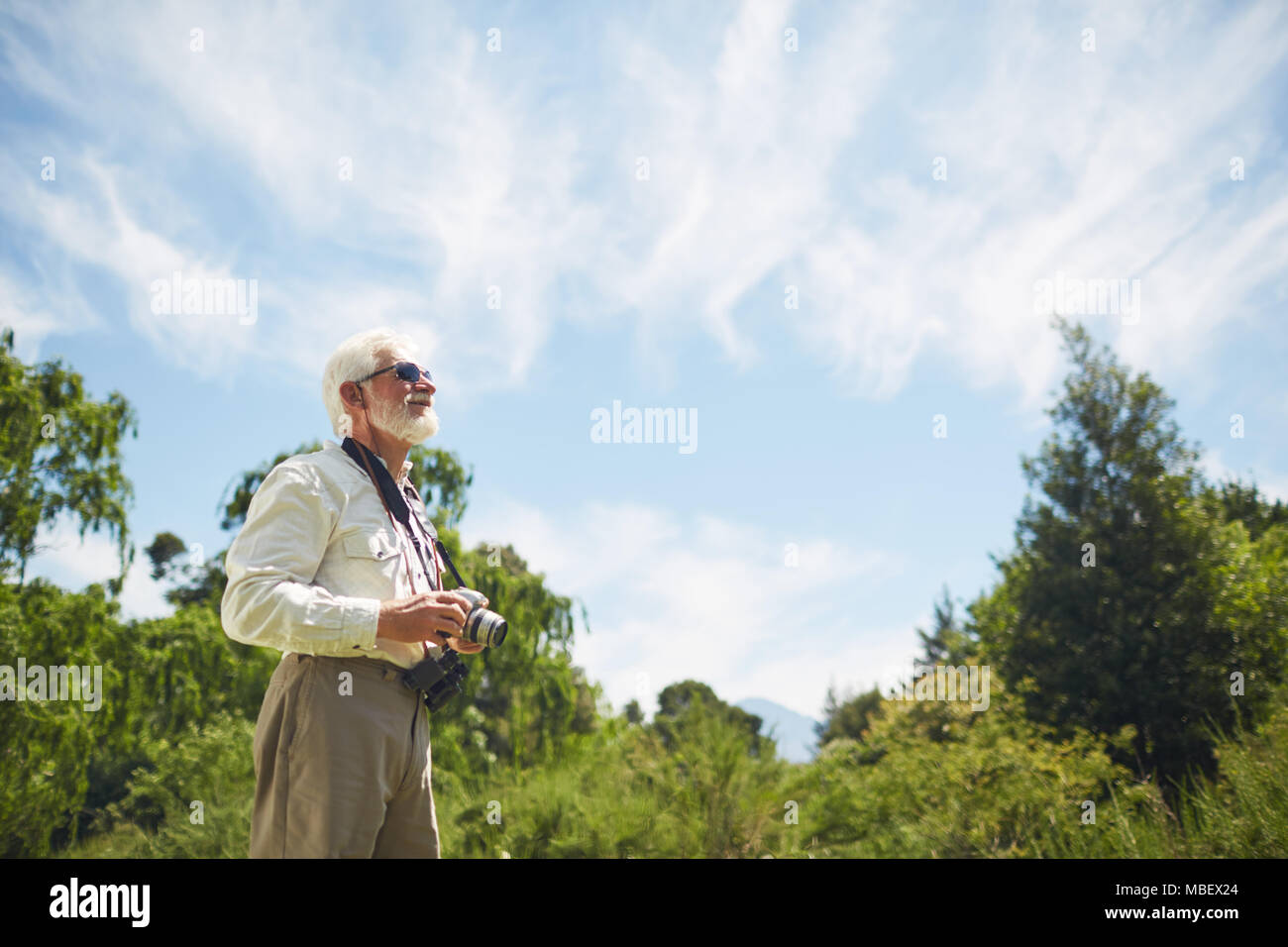 Curioso attivo uomo senior con fotocamera digitale fino ad alberi di sole e cielo Foto Stock