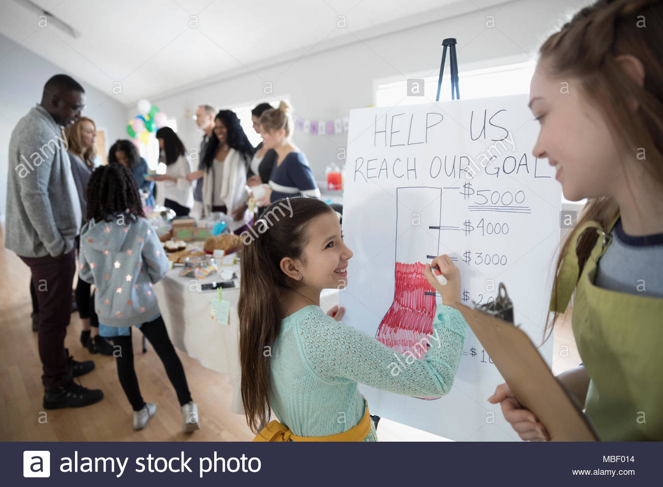 Le ragazze del riempimento della raccolta di fondi obiettivo poster a cuocere in vendita in centro nella comunità Foto Stock