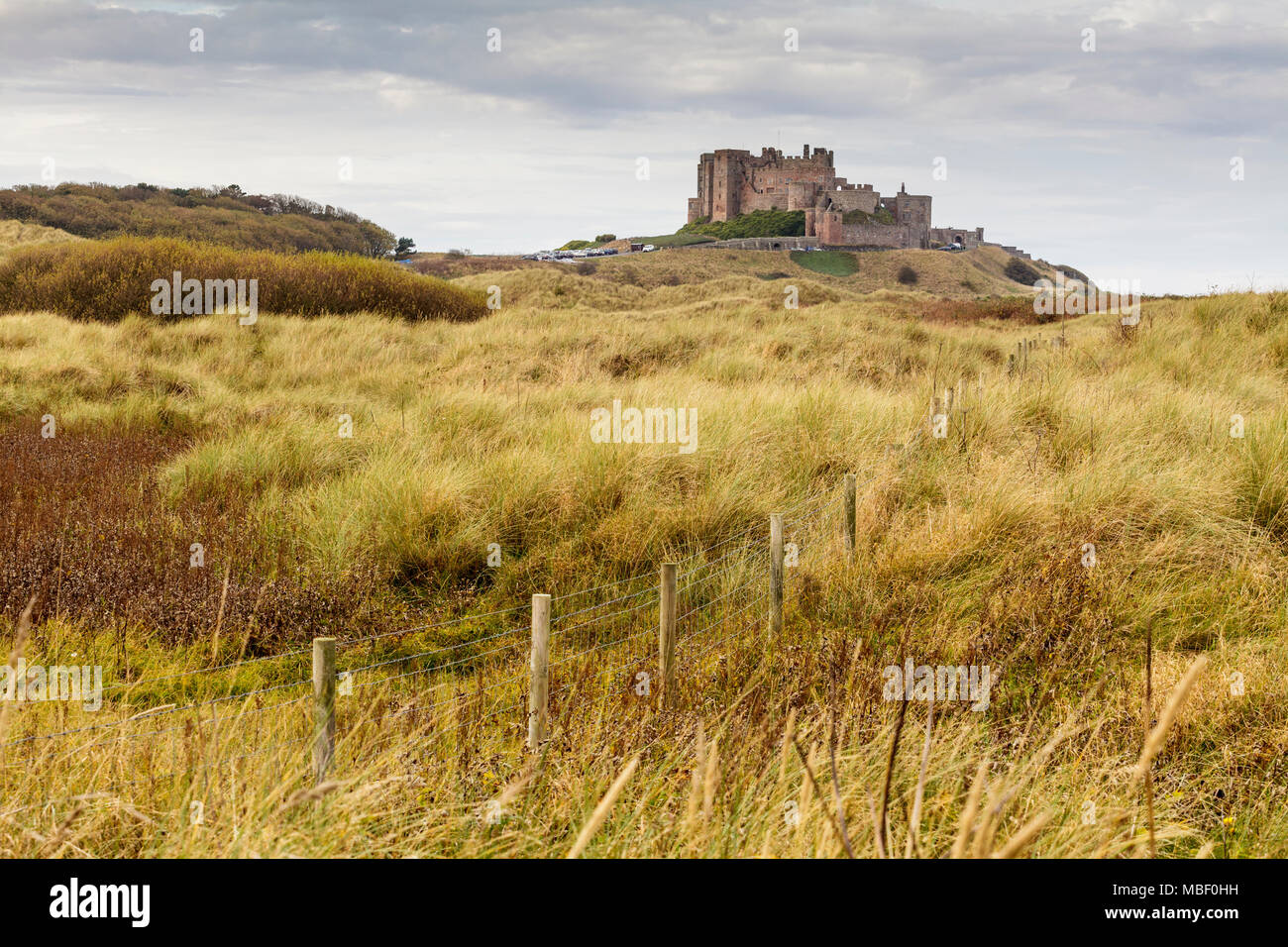Il castello di Bamburgh guardando ad est sulla costa di Northumberland Foto Stock