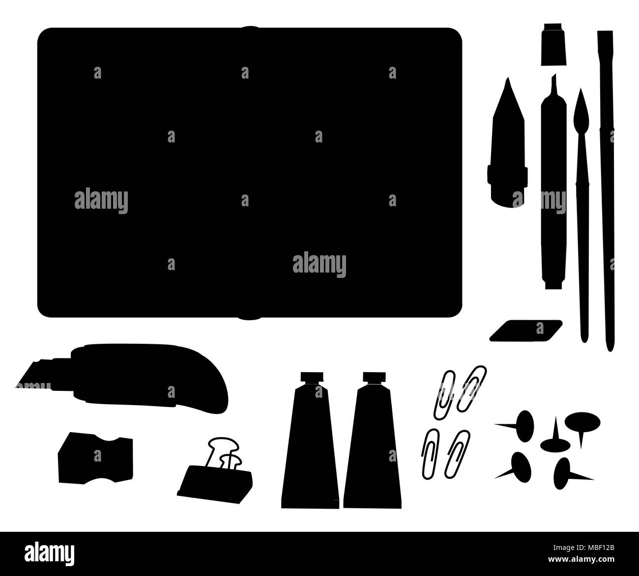 Silhouette nera. Impostare se articoli di cartoleria con Notepad. Taglierina, matite, pennelli, colla, eraser, marker, sharpener, i pulsanti e i fermagli per carta illustratio vettore Illustrazione Vettoriale