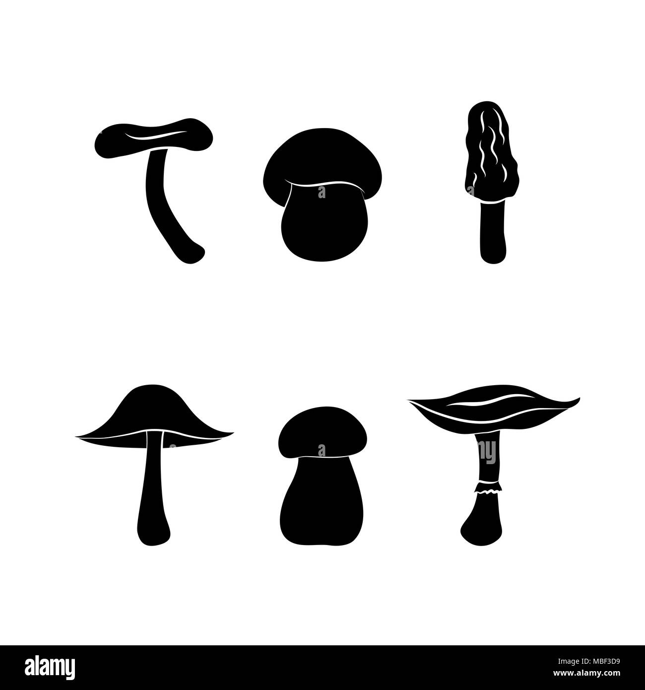 Diversi tipi di funghi, sagome isolati su sfondo bianco Illustrazione Vettoriale
