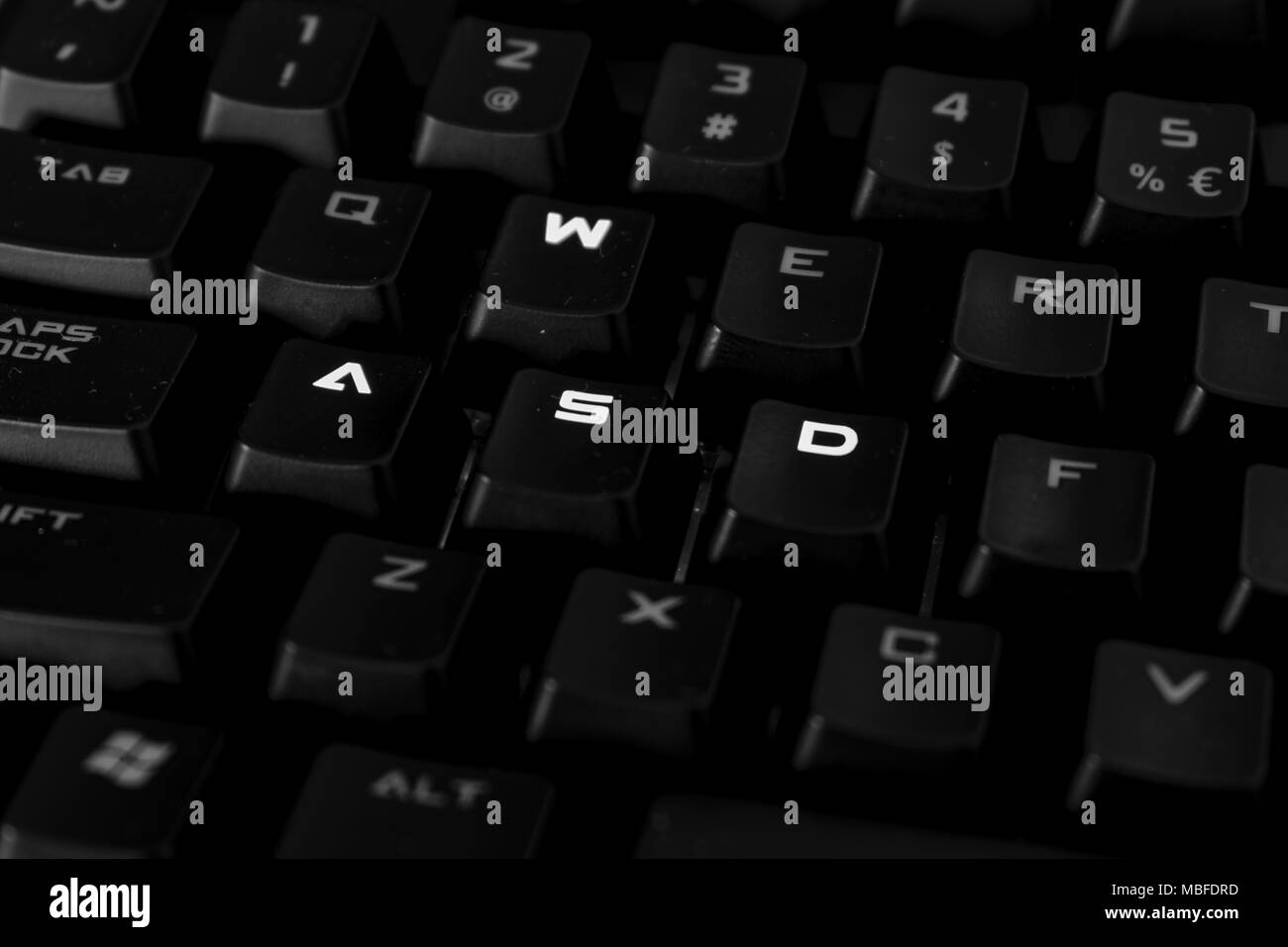 WASD tasti sulla tastiera gaming close up, tasti retroilluminati Foto Stock