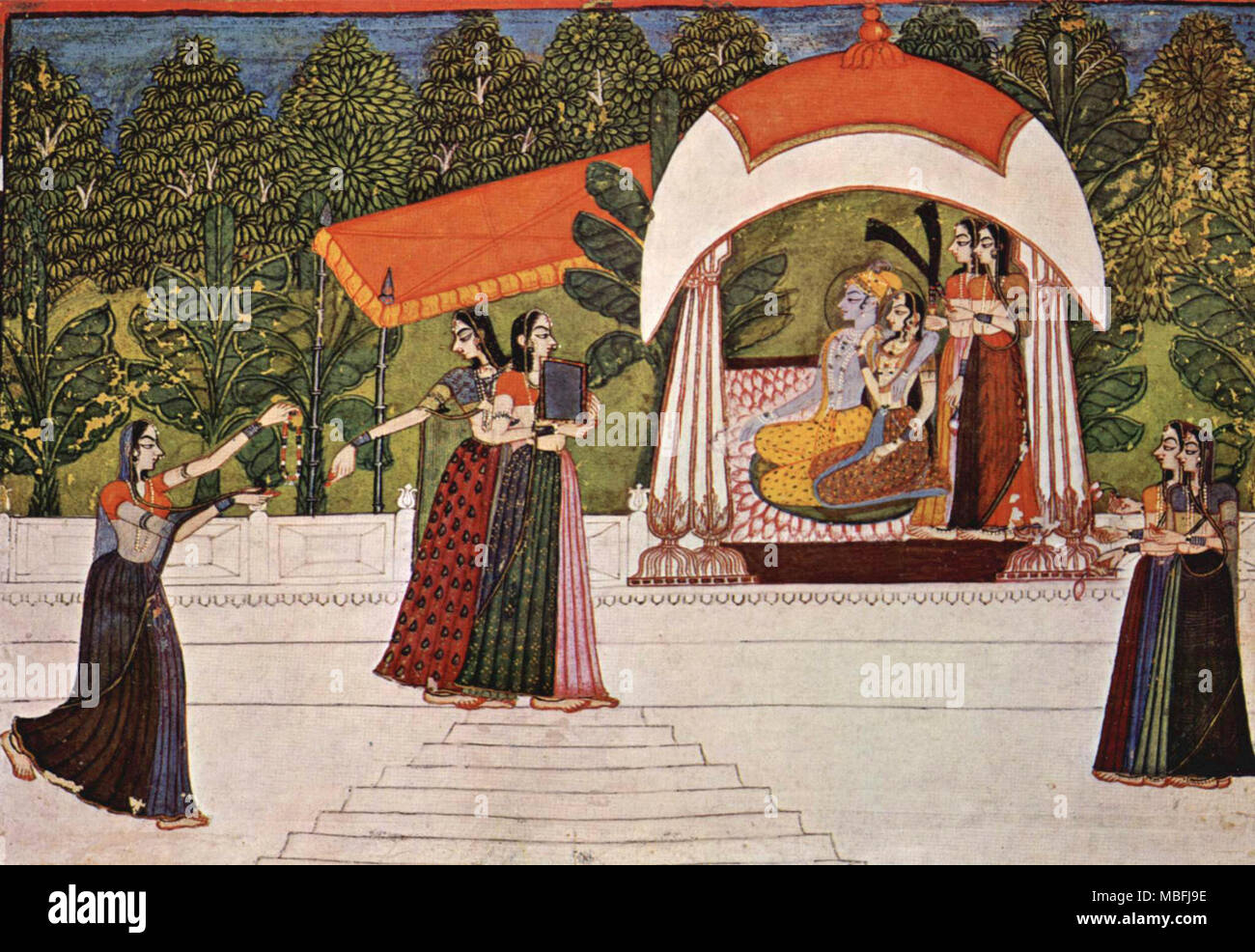 Krishna e Radha in un padiglione Foto Stock