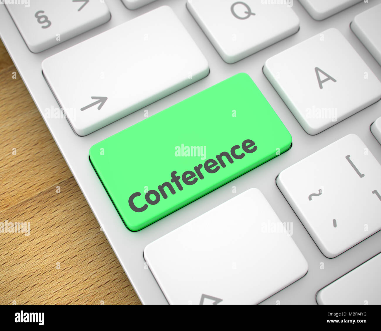 Conferenza - iscrizione sul verde pulsante della tastiera. 3D. Foto Stock