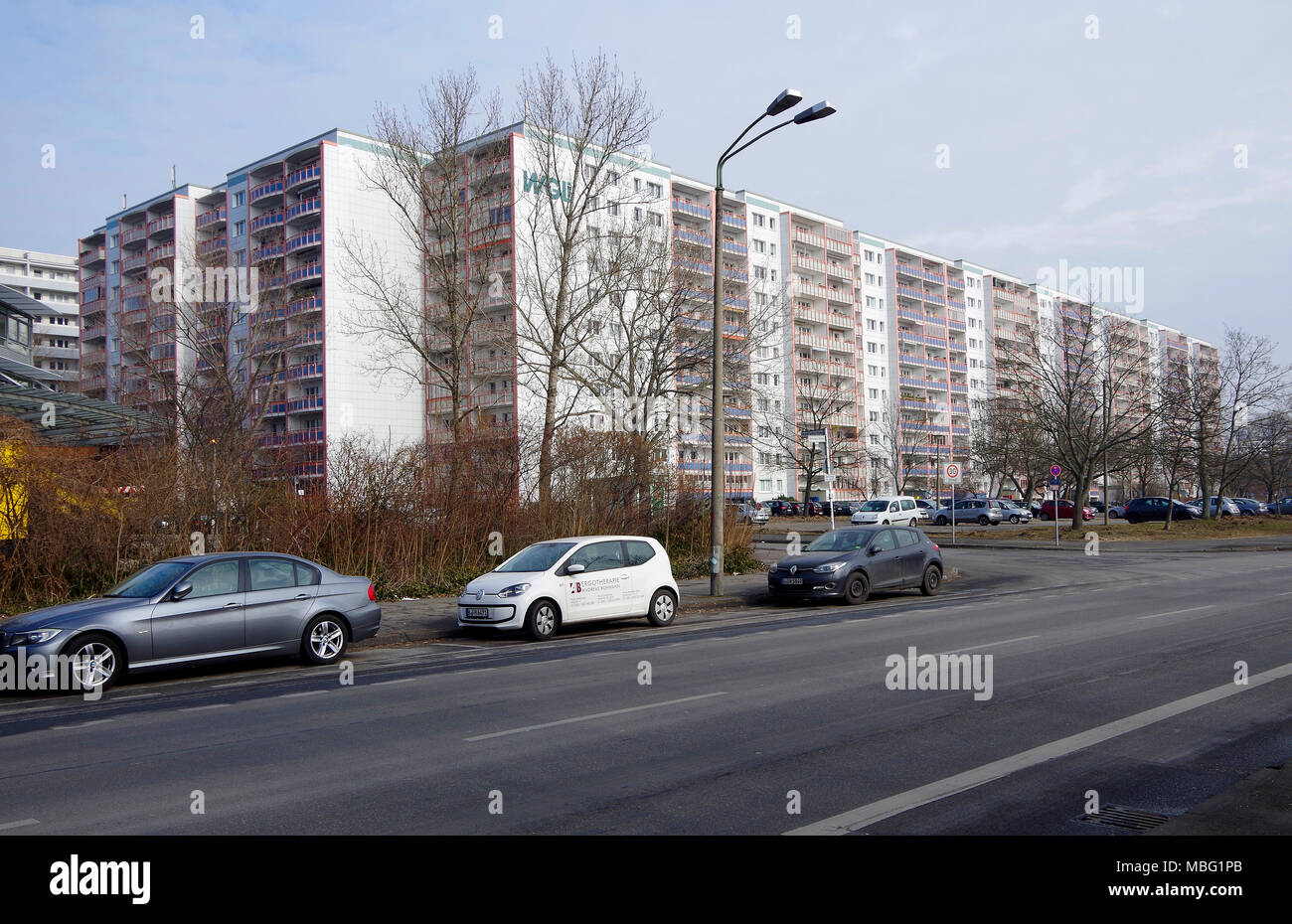 11 o 12 piani blocchi di appartamenti, un angolo di Fennpfuhl, un appartamento 20.000 sviluppo nella periferia di Berlino, costruito 1970-86 Foto Stock