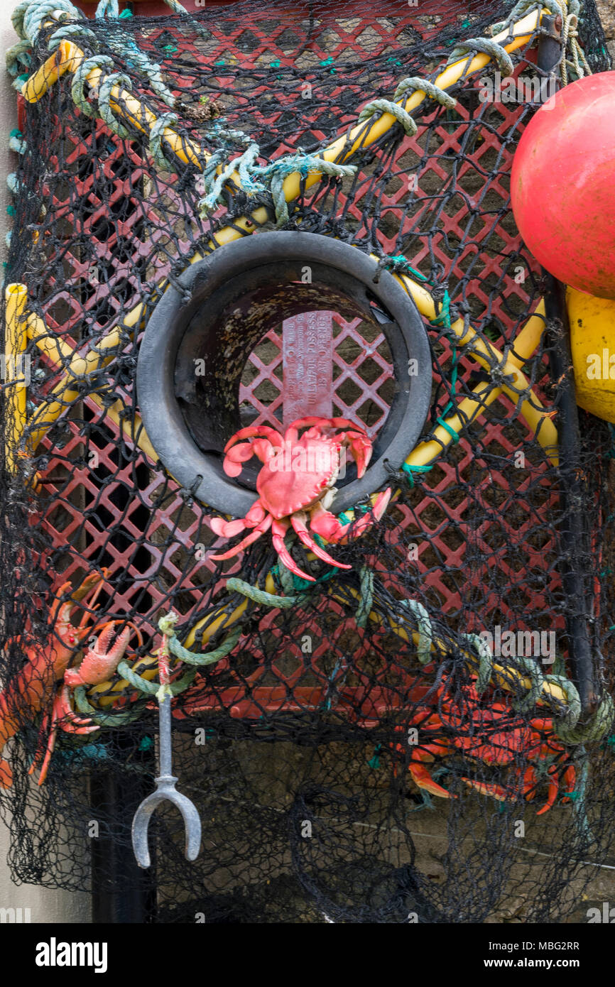 Un colorato lobster pot close up mostra maglie intricate e ingressi di trap.  Boe e galleggianti di pesca potting per molluschi colorato pescando granchi  Foto stock - Alamy