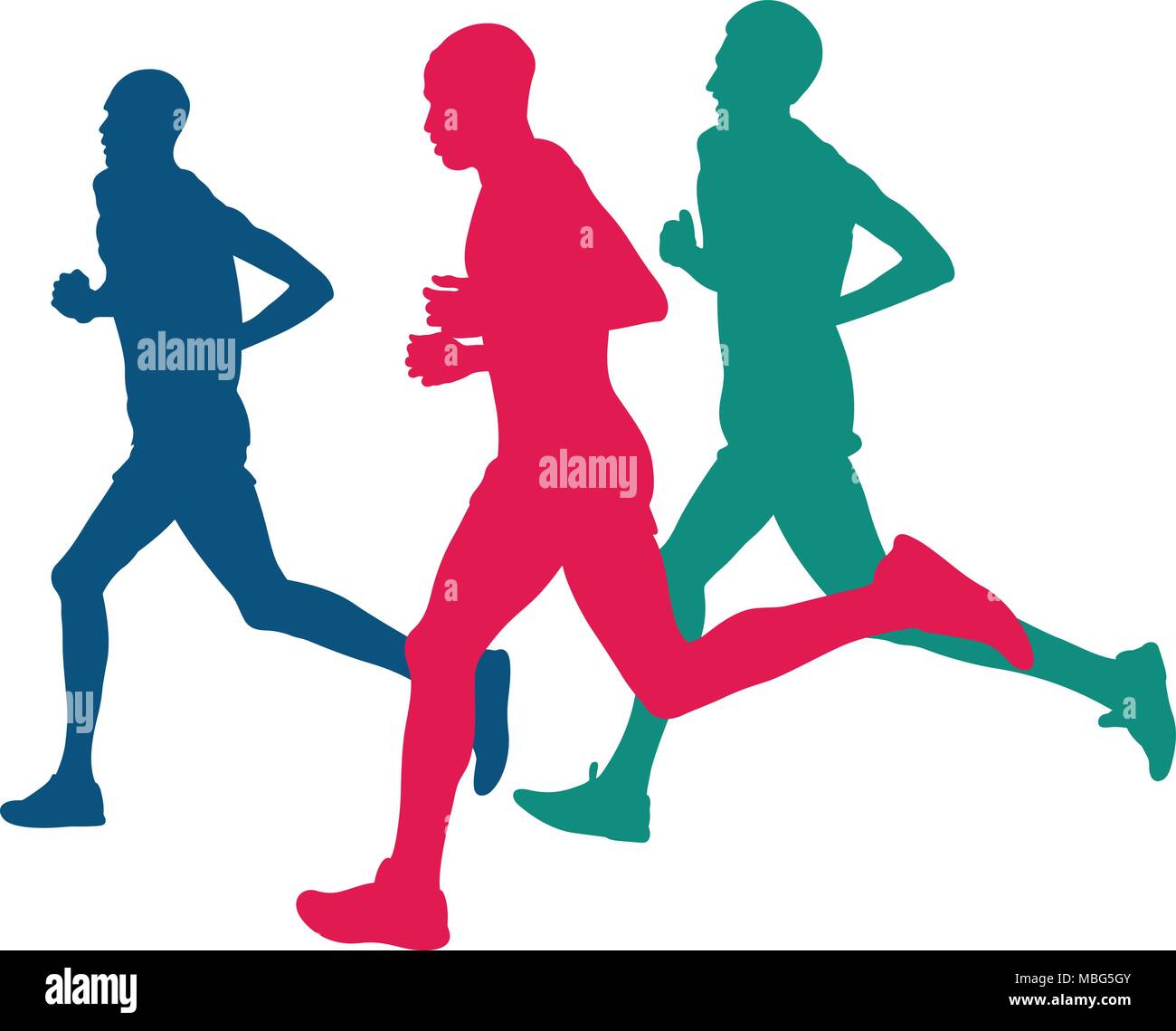 Reale tre corridori della maratona in esecuzione sagome colorate Illustrazione Vettoriale