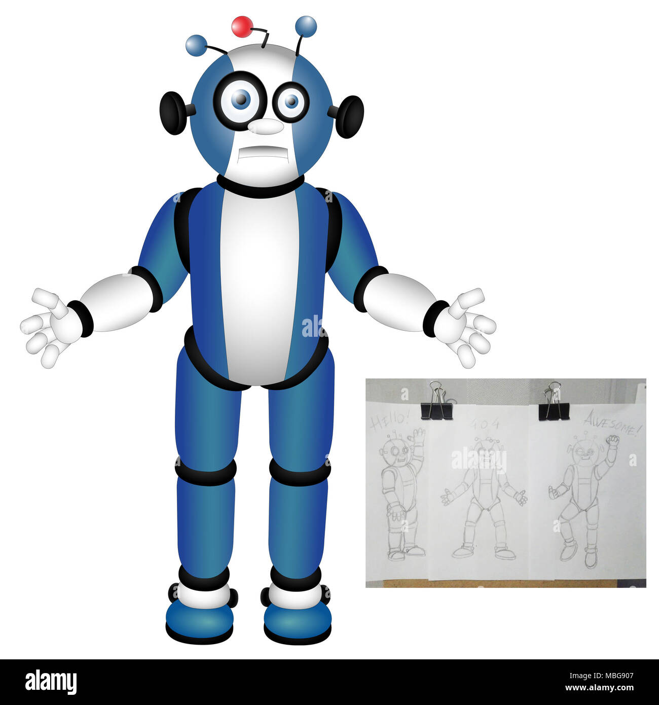 Robot blu, carattere, mascotte, simbolo Chatbot concetto ... Icona del robot. Segno di Bot design. Isolato su bianco; simpatici robot, tecnologia moderna, Robot per APP Foto Stock