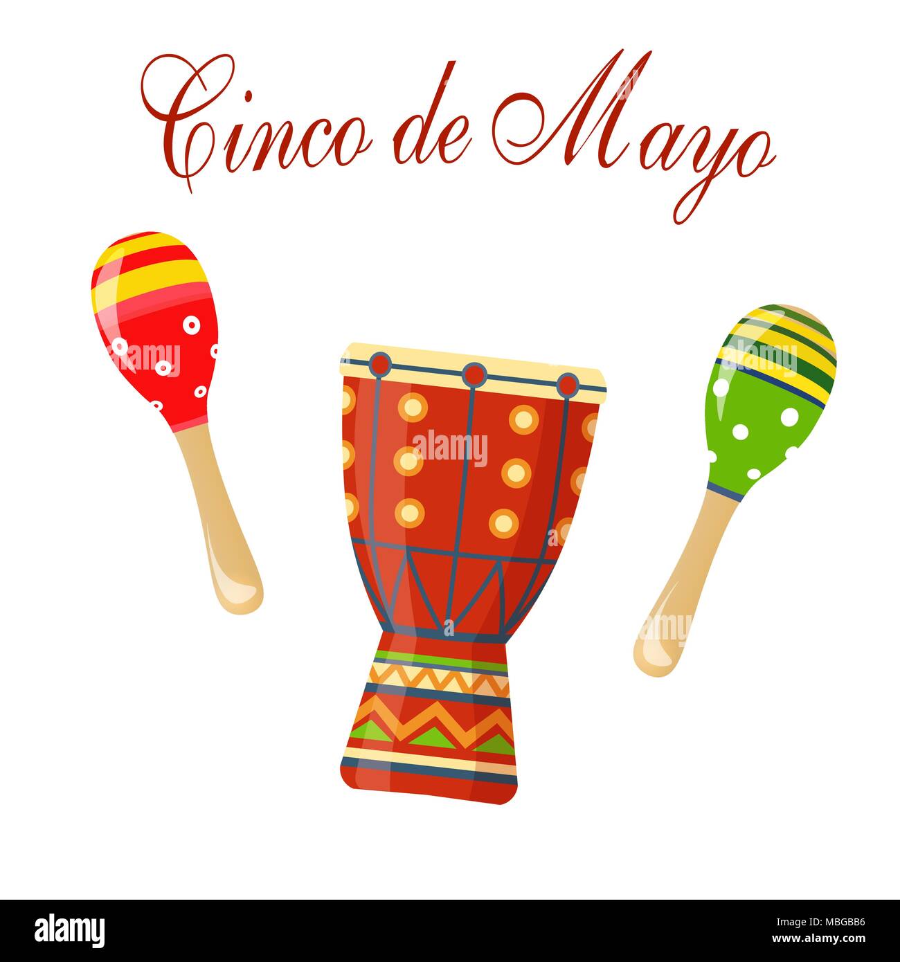 Cinco de Mayo. maracas il verde e il rosso e il tamburo. Iscrizione di congratulazioni. Vettore Illustrazione Vettoriale