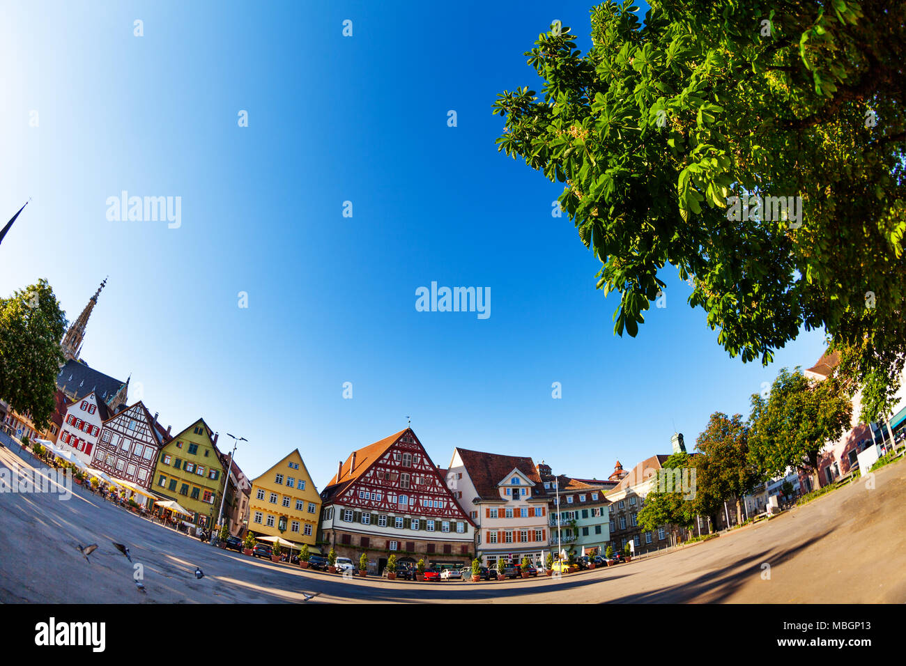 Fish-eye shot della piazza del mercato Marktplatz a Esslingen con i suoi edifici medievali contro il cielo blu Foto Stock