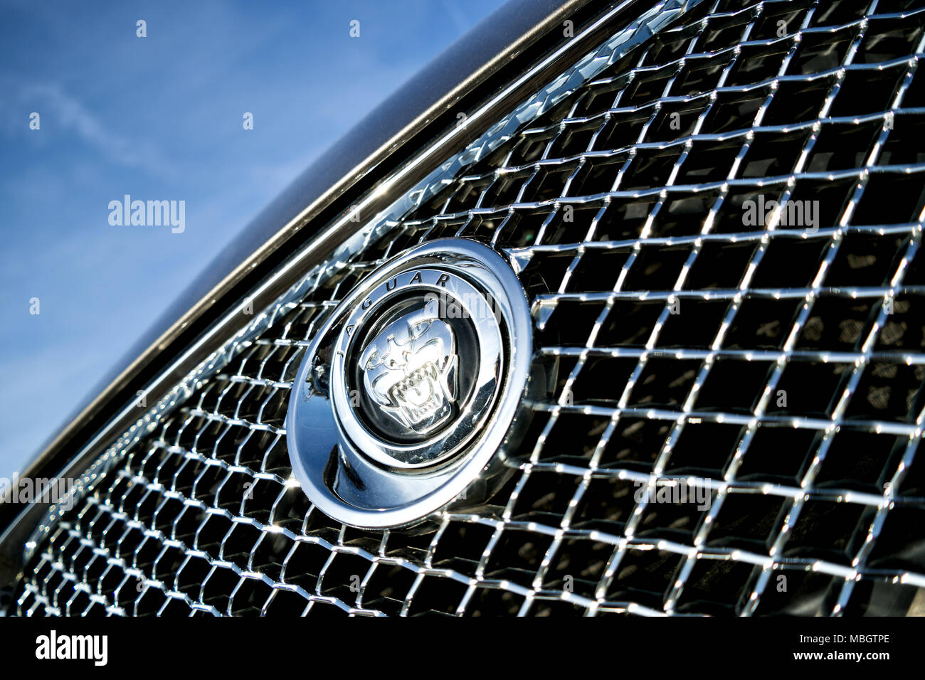 Jaguar logo alla griglia. Jaguar è una multinazionale britannica del costruttore di automobili ed è di proprietà della società indiana Tata Motors fin dal 2008. Foto Stock