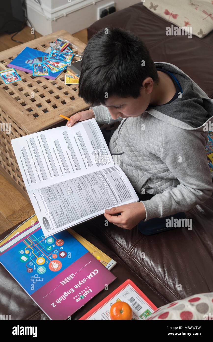 Ragazzo di 10 anni di revisione in lingua inglese a casa Foto Stock