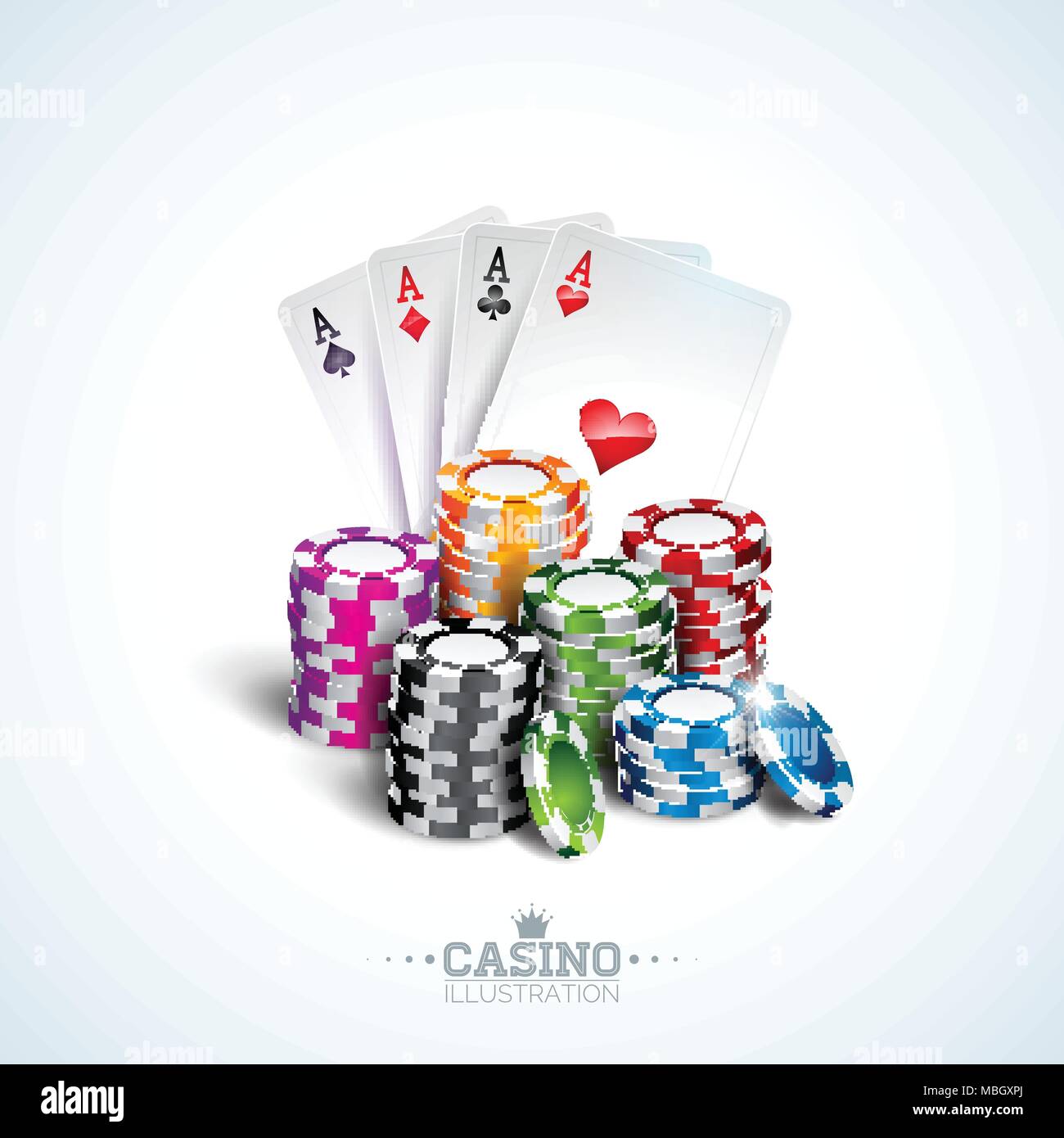 Illustrazione Vettoriale su un tema di casinò con carte da poker e la riproduzione di chip su sfondo bianco. Il design del gioco d'azzardo per invito o banner promozionali. Illustrazione Vettoriale