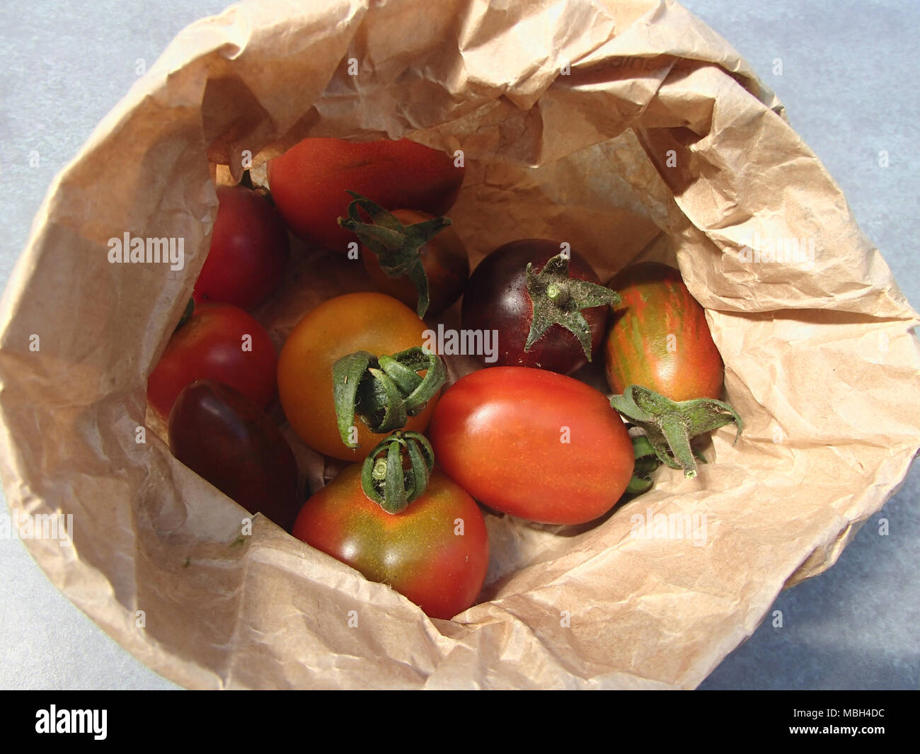 Organici di pomodorini in una carta marrone Foto Stock
