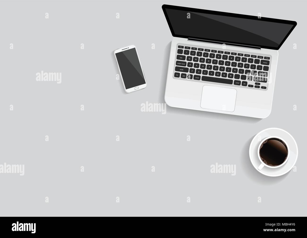 Il minimo di un ufficio con computer e una tazza di caffè, illustrazione vettoriale Illustrazione Vettoriale